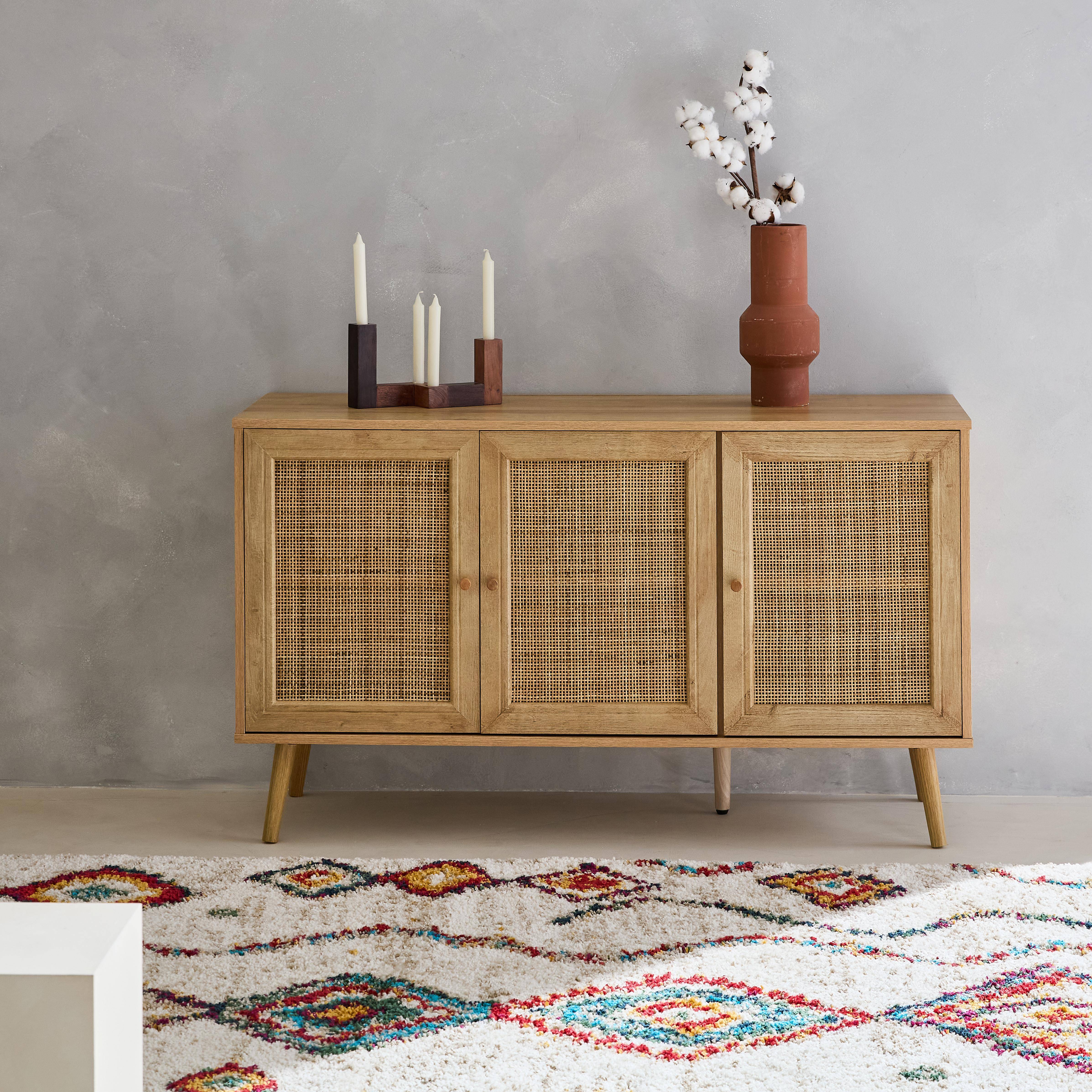 Wooden and cane rattan detail sideboard with 3 doors, 2 shelves, Scandi-style legs, 120x39x70cm - Boheme - Natural wood colour,sweeek,Photo1