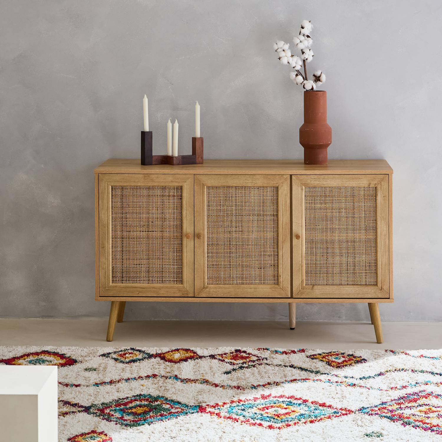 Wooden and cane rattan detail sideboard with 3 doors, 2 shelves, Scandi-style legs, 120x39x70cm - Boheme - Natural wood colour Photo1