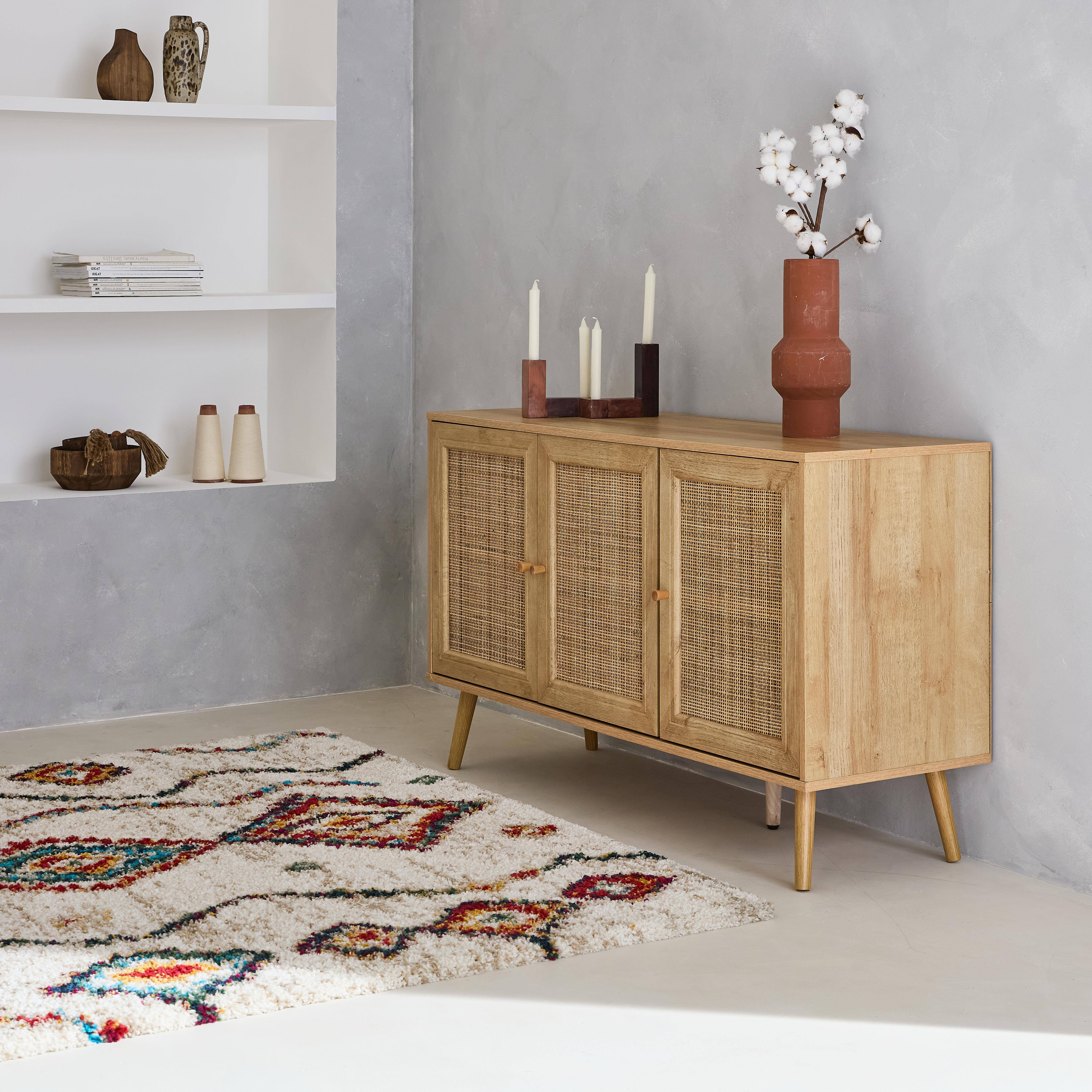 Wooden and cane rattan detail sideboard with 3 doors, 2 shelves, Scandi-style legs, 120x39x70cm - Boheme - Natural wood colour,sweeek,Photo2