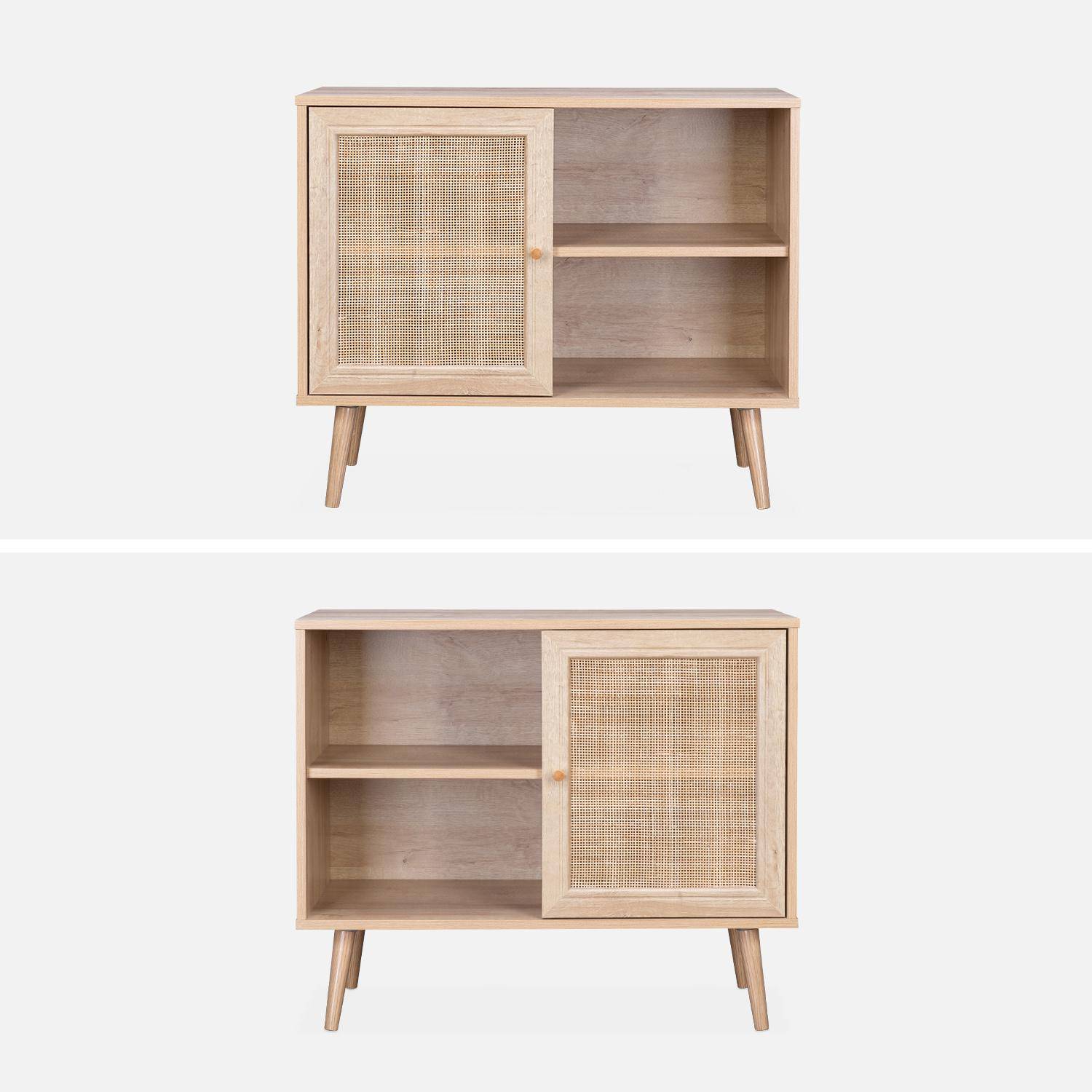 Wooden and cane rattan detail storage cabinet with 2 shelves, 1 cupboard, Scandi-style legs, 80x39x65.8cm - Boheme - Natural wood colour Photo4