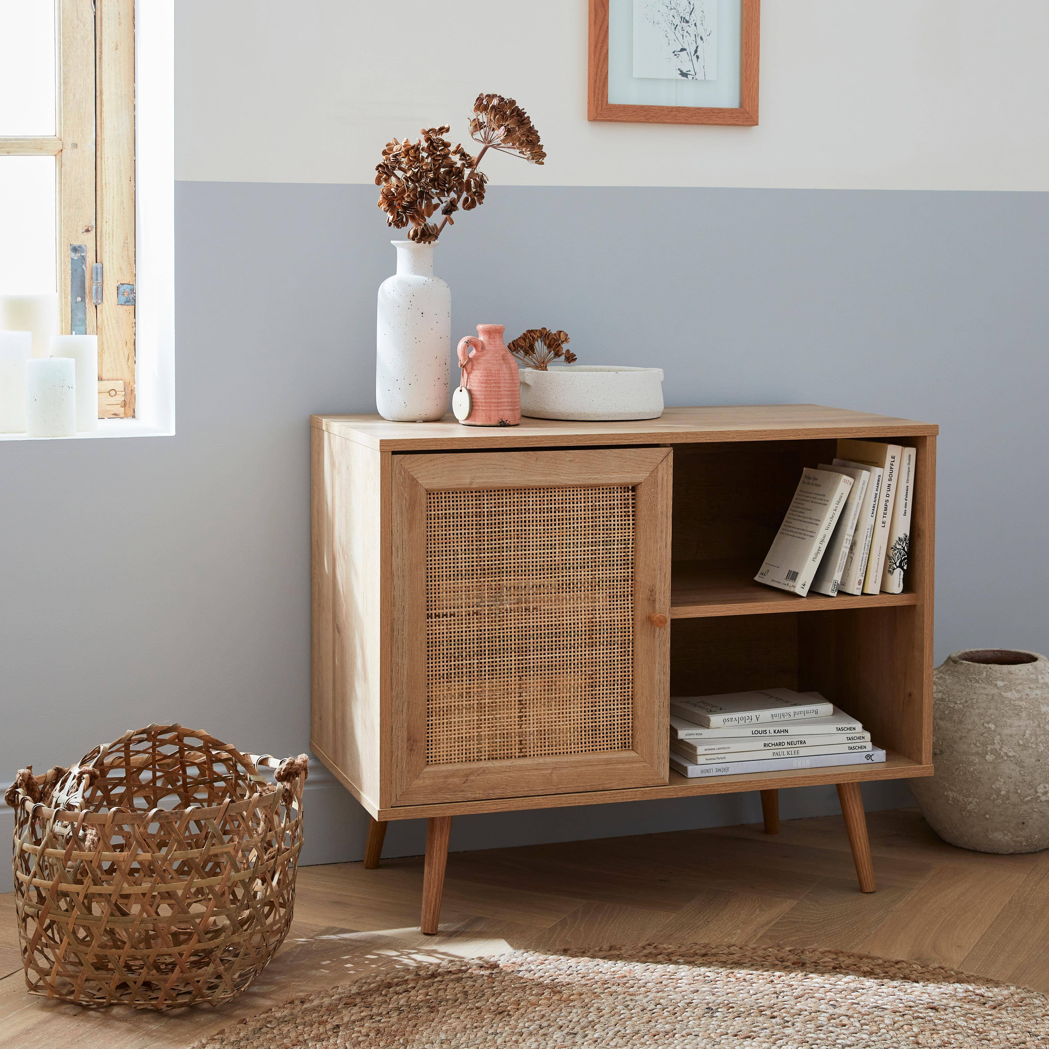 Wooden and cane rattan detail storage cabinet with 2 shelves, 1 cupboard, Scandi-style legs, 80x39x65.8cm - Boheme - Natural wood colour Photo1