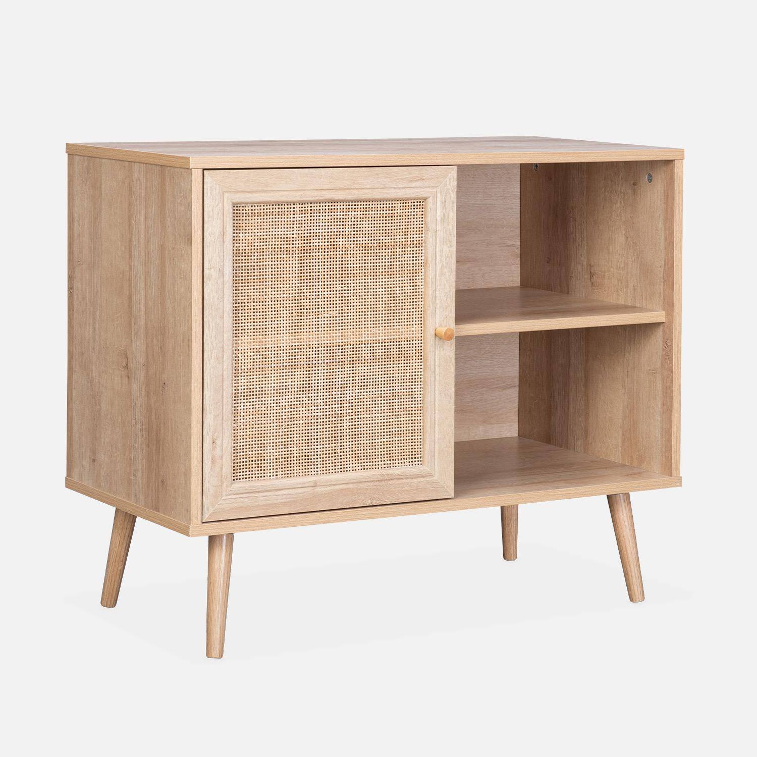 Wooden and cane rattan detail storage cabinet with 2 shelves, 1 cupboard, Scandi-style legs, 80x39x65.8cm - Boheme - Natural wood colour Photo3