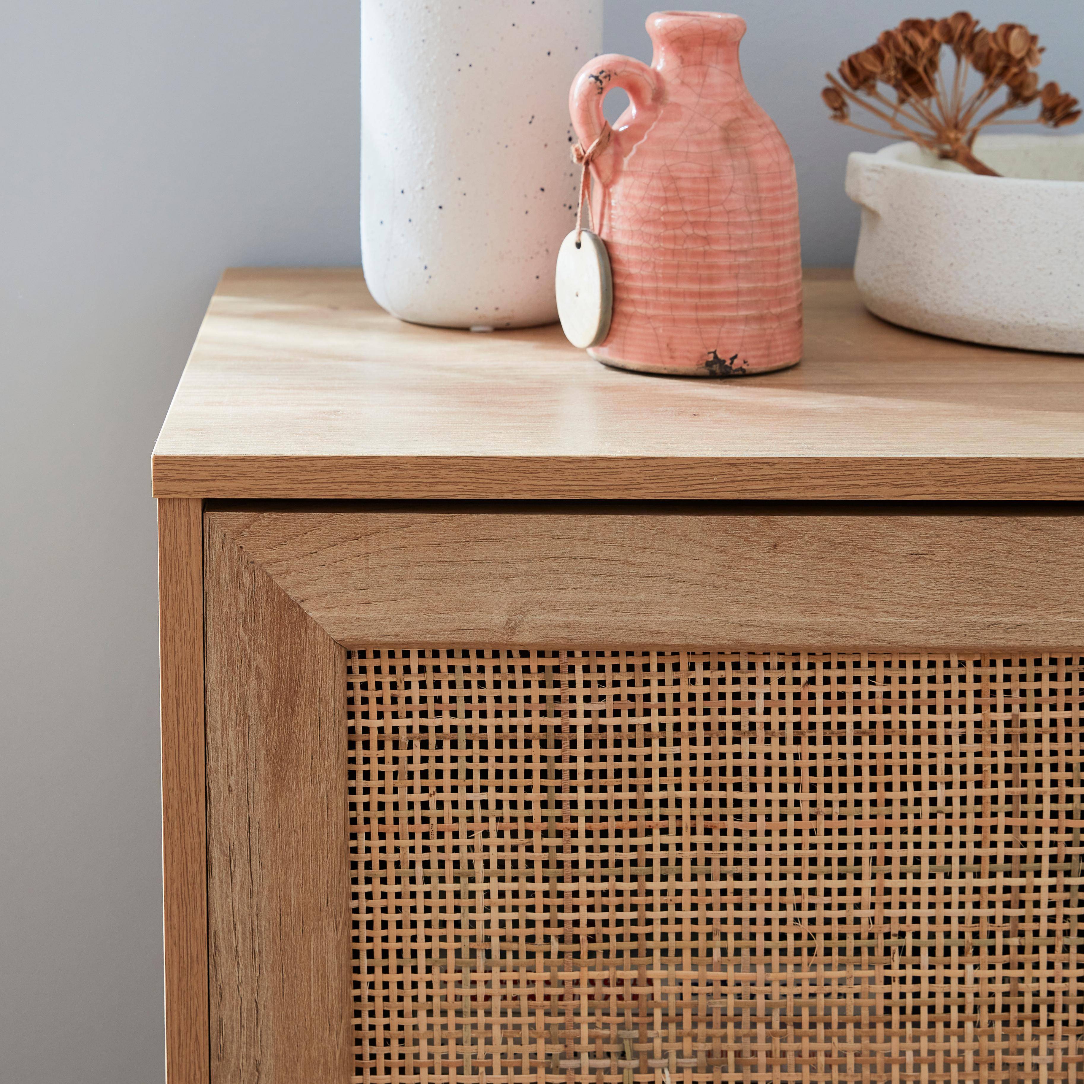 Wooden and cane rattan detail storage cabinet with 2 shelves, 1 cupboard, Scandi-style legs, 80x39x65.8cm - Boheme - Natural wood colour,sweeek,Photo2