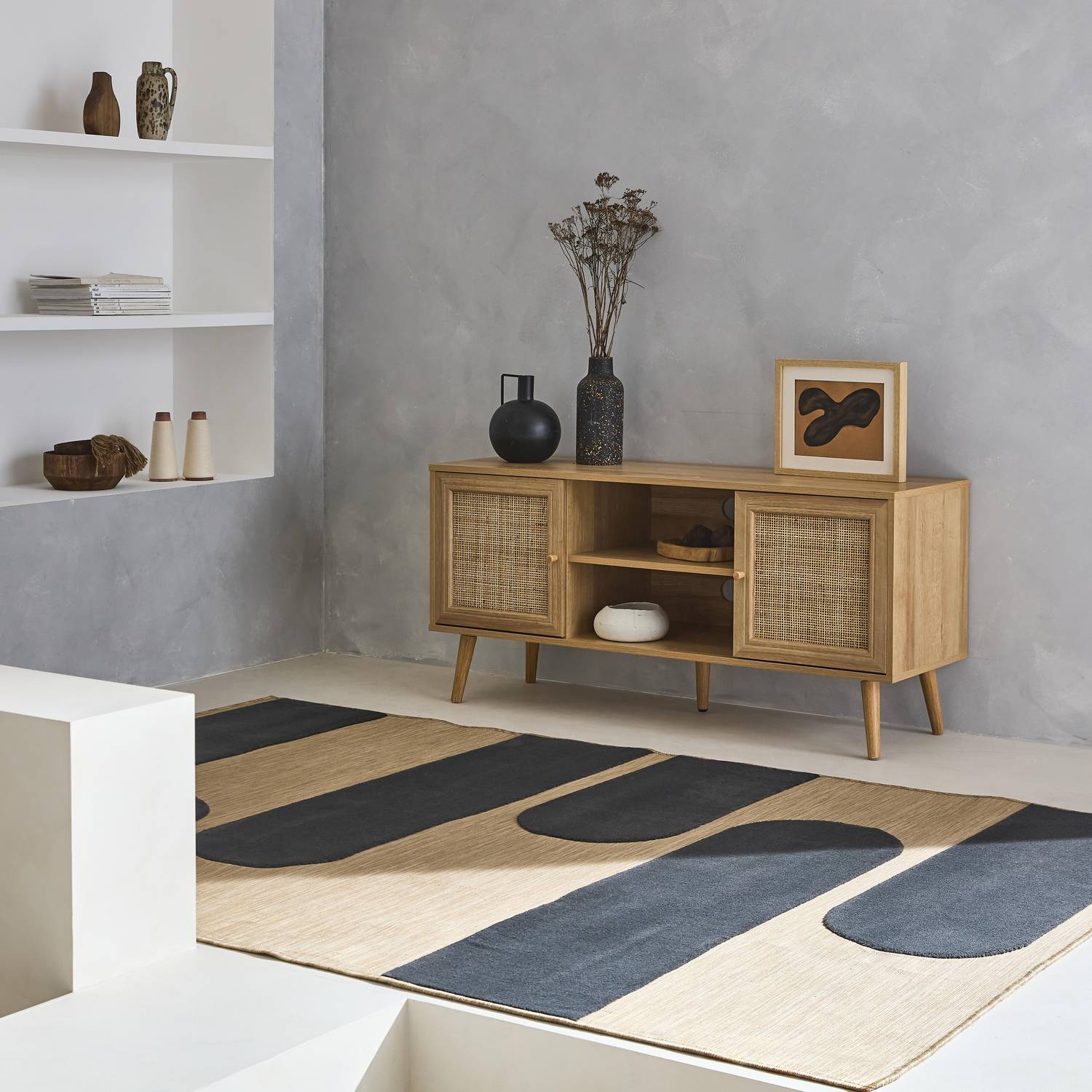 TV-Möbel mit Rattangeflecht 120 x 39 x 56,5cm -  Bohème - 2 Ebenen, 2 Einlegeböden, 2 Türen, skandinavische Beine Photo1