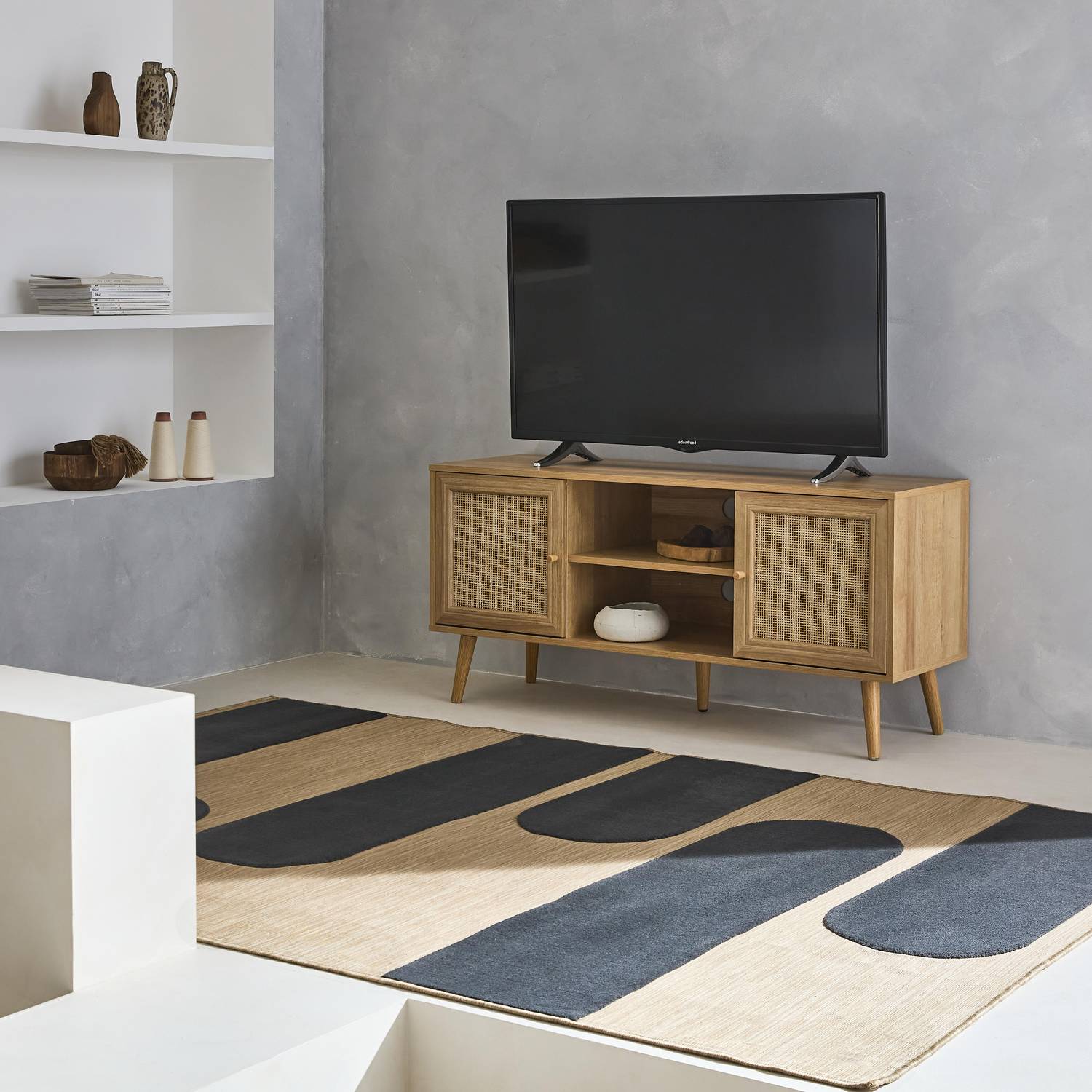 Scandi-style wood and cane rattan TV stand, 2 shelves, 2 doors, 120x39x56.5cm - Boheme - Natural Photo2