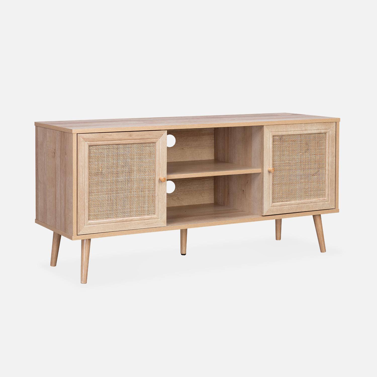 Scandi-style wood and cane rattan TV stand, 2 shelves, 2 doors, 120x39x56.5cm - Boheme - Natural Photo3