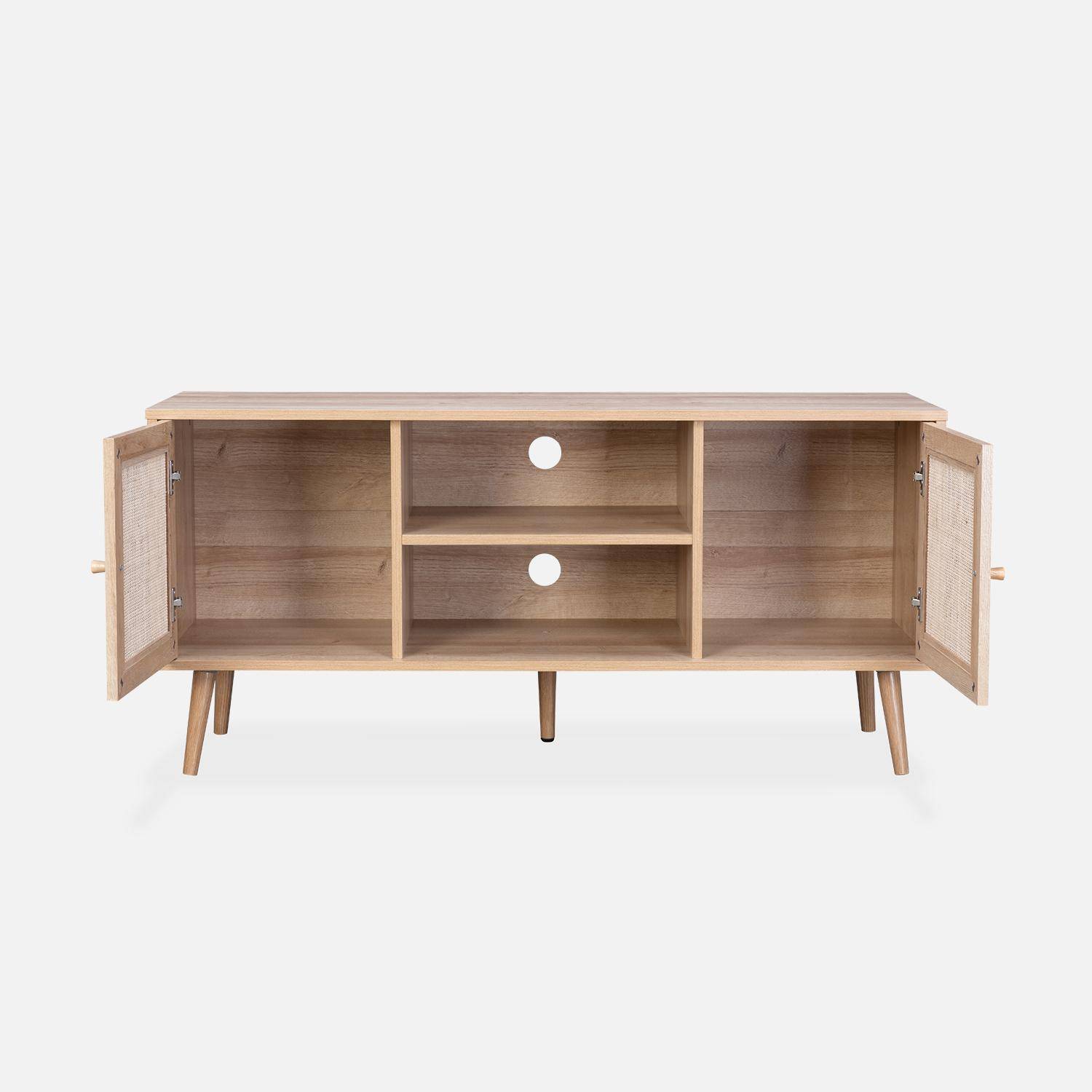Scandi-style wood and cane rattan TV stand, 2 shelves, 2 doors, 120x39x56.5cm - Boheme - Natural Photo5