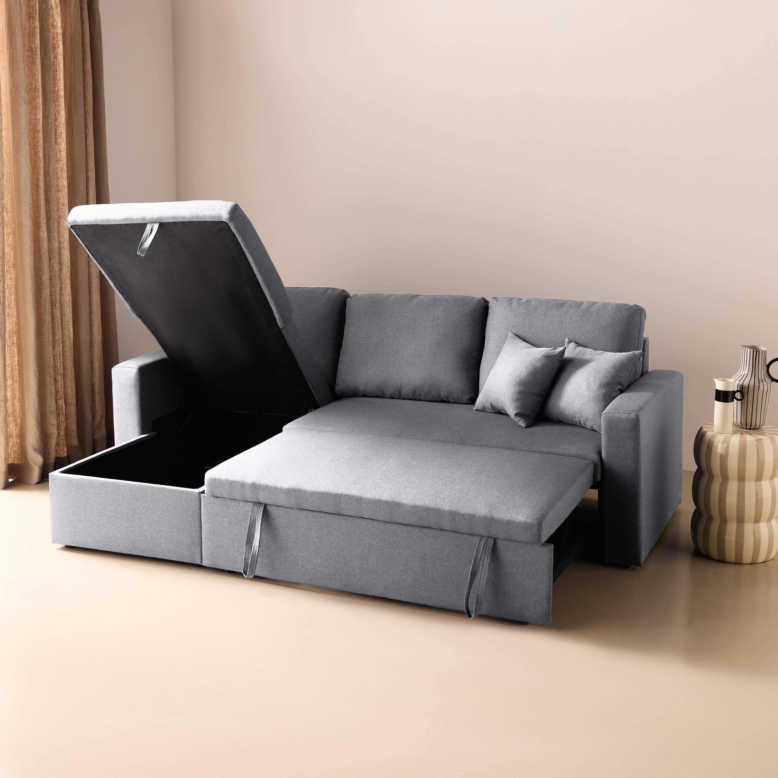 Canapé d'angle convertible en tissu gris clair - IDA - 3 places, fauteuil d'angle réversible coffre rangement lit modulable  Photo4