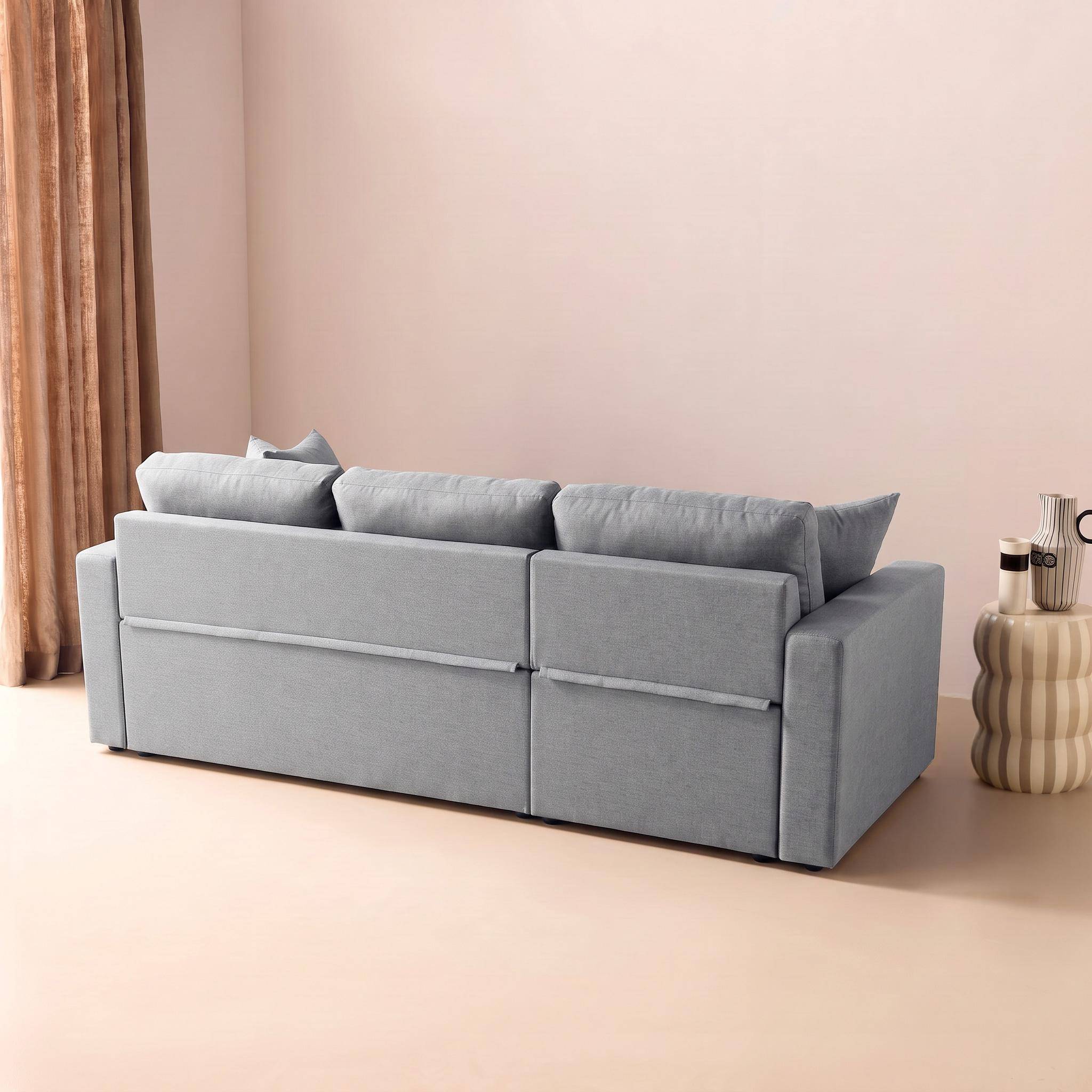 Canapé d'angle convertible en tissu gris clair - IDA - 3 places, fauteuil d'angle réversible coffre rangement lit modulable  Photo7