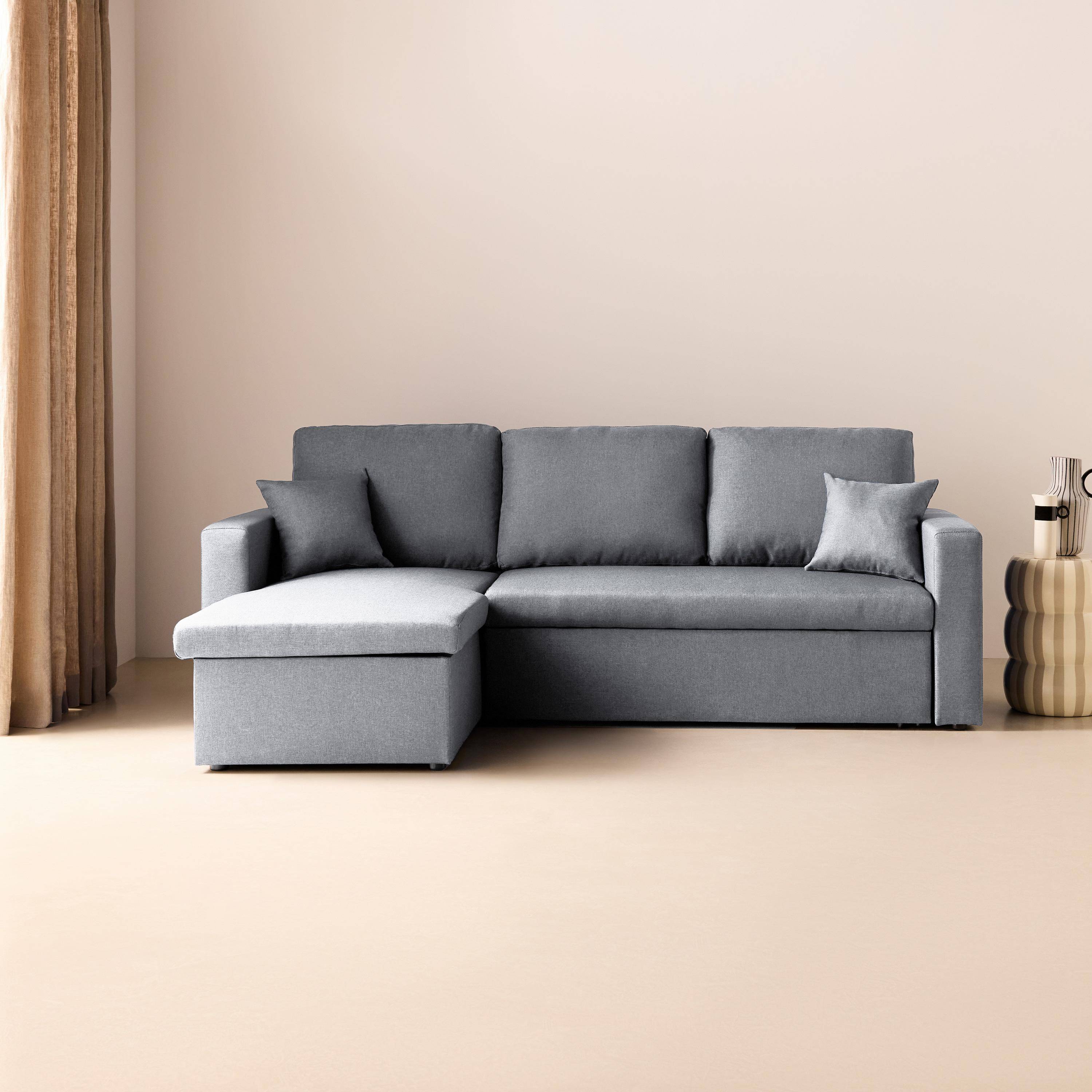 Canapé d'angle convertible en tissu gris clair - IDA - 3 places, fauteuil d'angle réversible coffre rangement lit modulable  Photo1