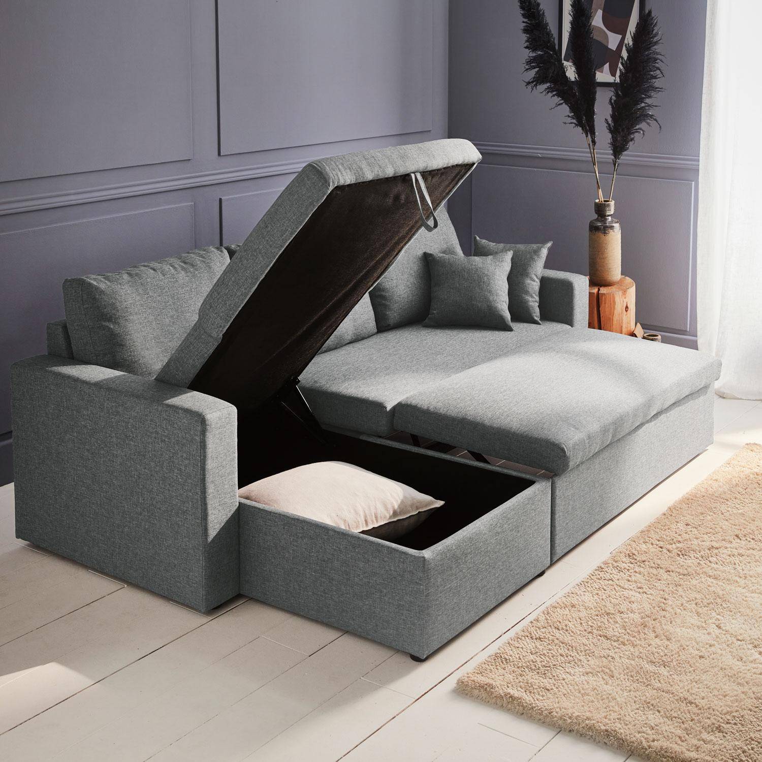 Canapé d'angle convertible en tissu gris clair - IDA - 3 places, fauteuil d'angle réversible coffre rangement lit modulable ,sweeek,Photo3