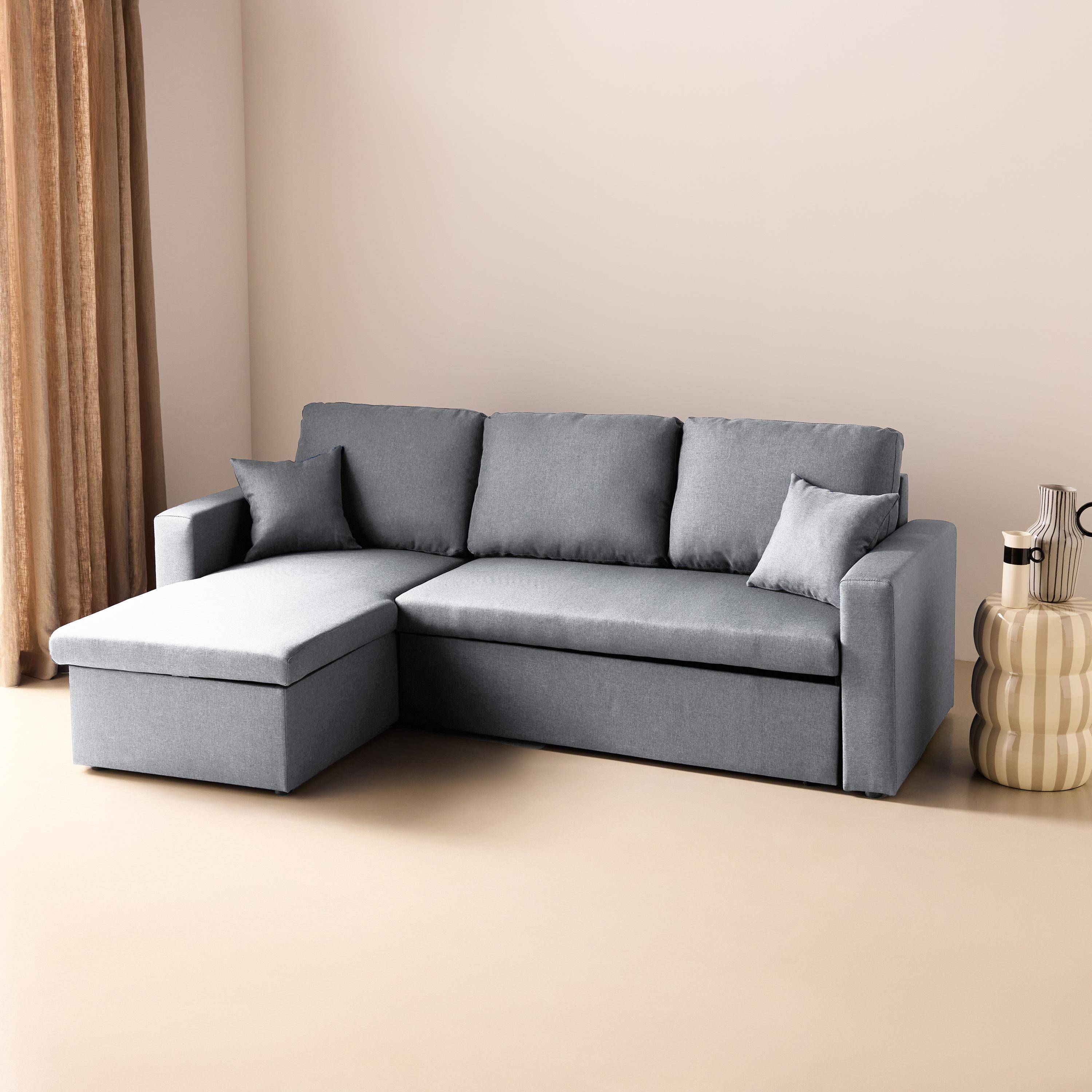 Canapé d'angle convertible en tissu gris clair - IDA - 3 places, fauteuil d'angle réversible coffre rangement lit modulable ,sweeek,Photo2