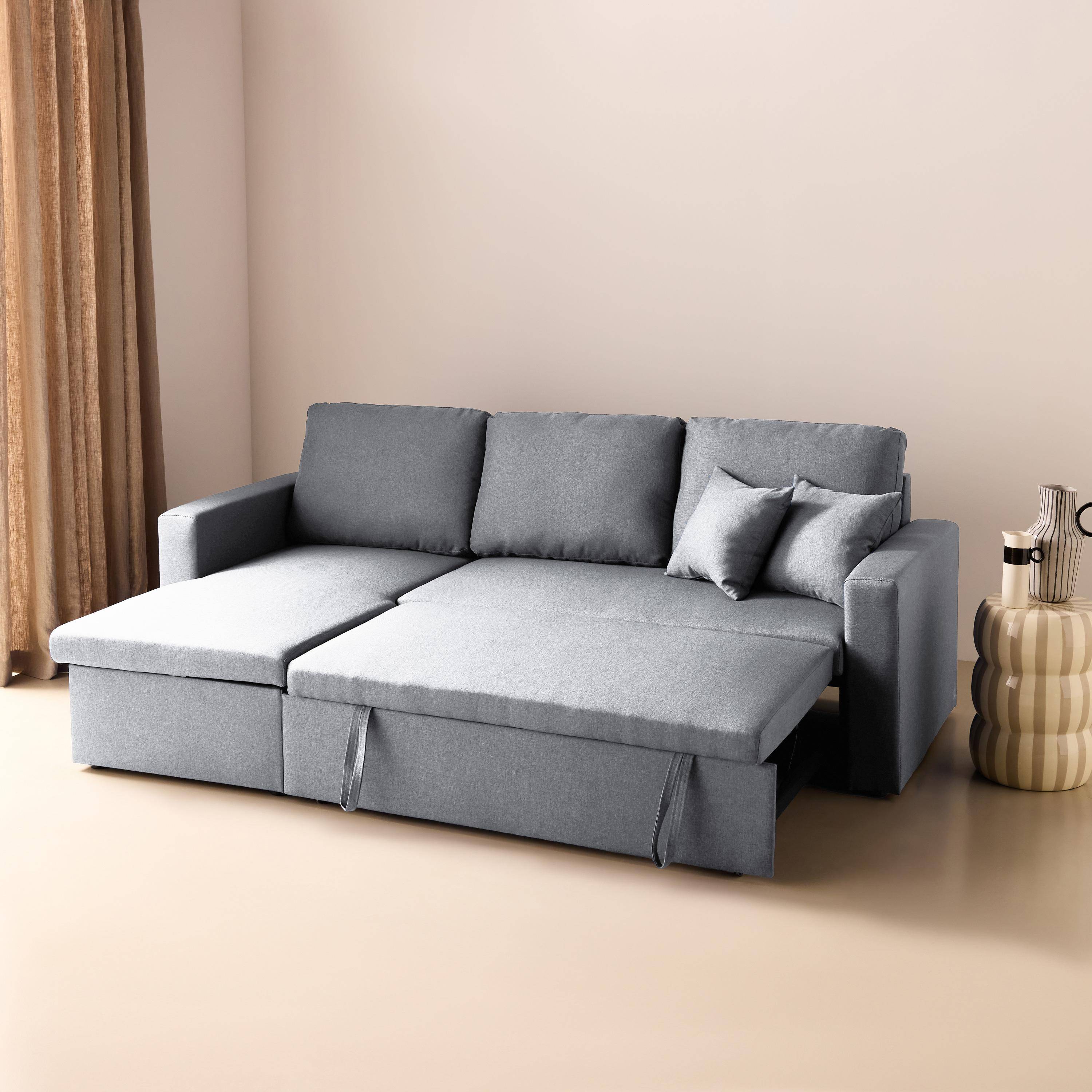 Canapé d'angle convertible en tissu gris clair - IDA - 3 places, fauteuil d'angle réversible coffre rangement lit modulable  Photo3