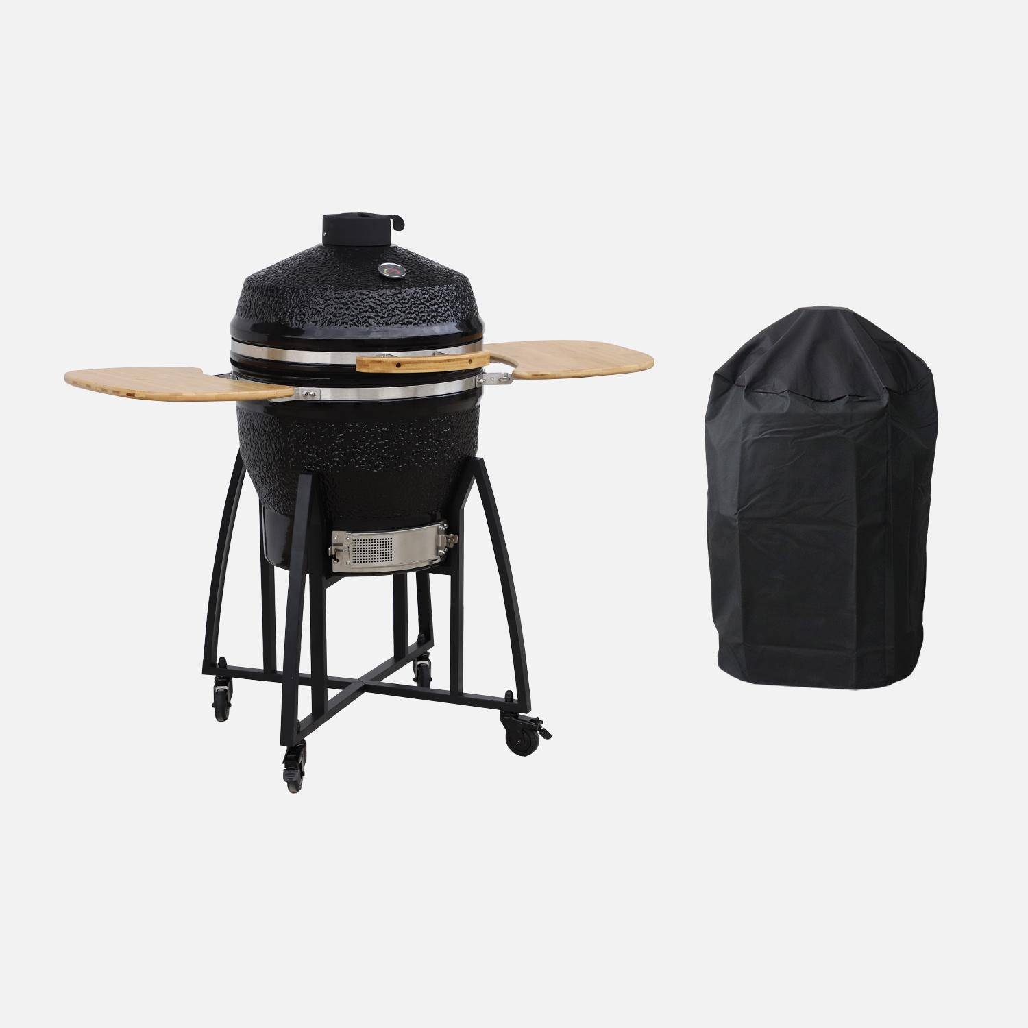 Keramische houtskoolbarbecue, Kamado Ø57cm, met houder,  warmhoudrooster, asbak en hoes, zijtafels Photo7