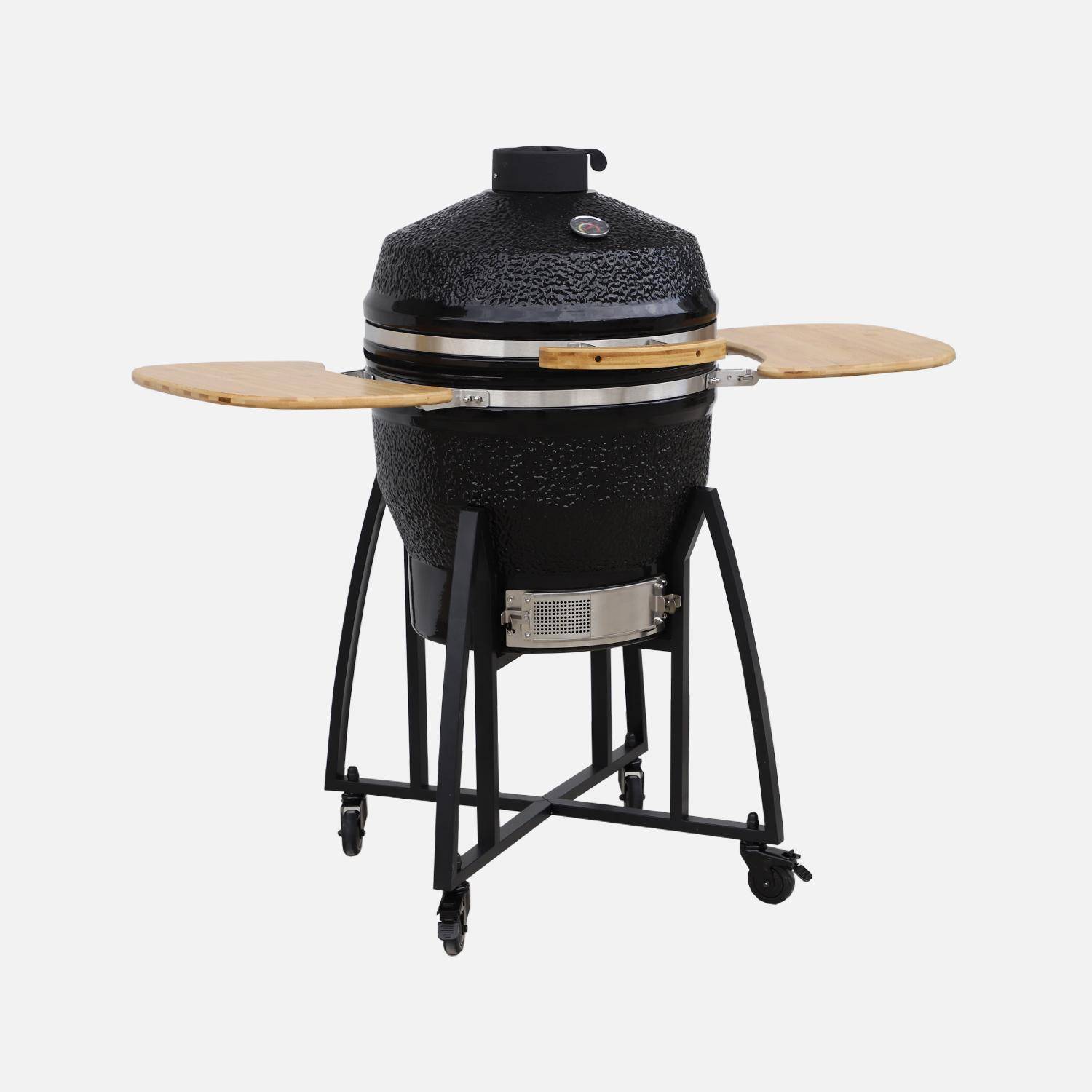 Keramische houtskoolbarbecue, Kamado Ø57cm, met houder,  warmhoudrooster, asbak en hoes, zijtafels Photo9
