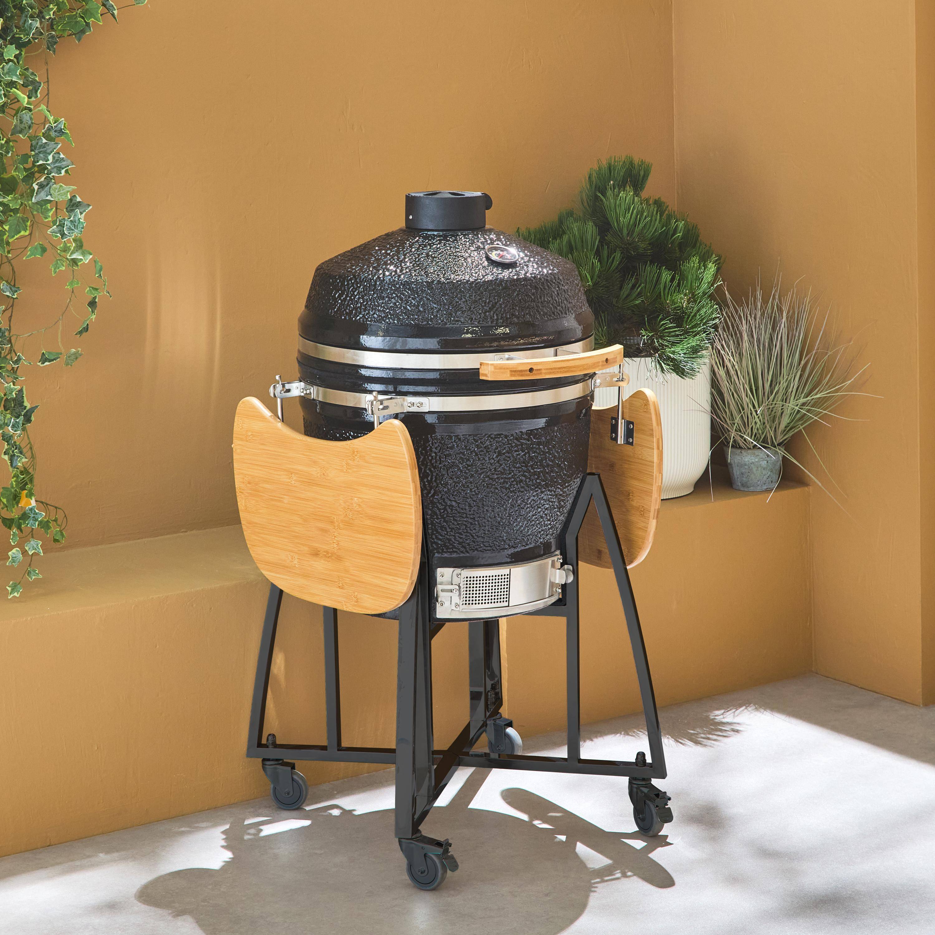Keramische houtskoolbarbecue, Kamado Ø57cm, met houder,  warmhoudrooster, asbak en hoes, zijtafels Photo3