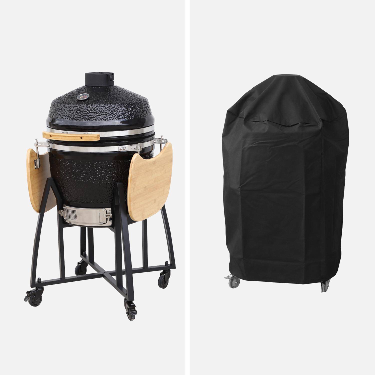 Keramische houtskoolbarbecue, Kamado Ø57cm, met houder,  warmhoudrooster, asbak en hoes, zijtafels Photo8
