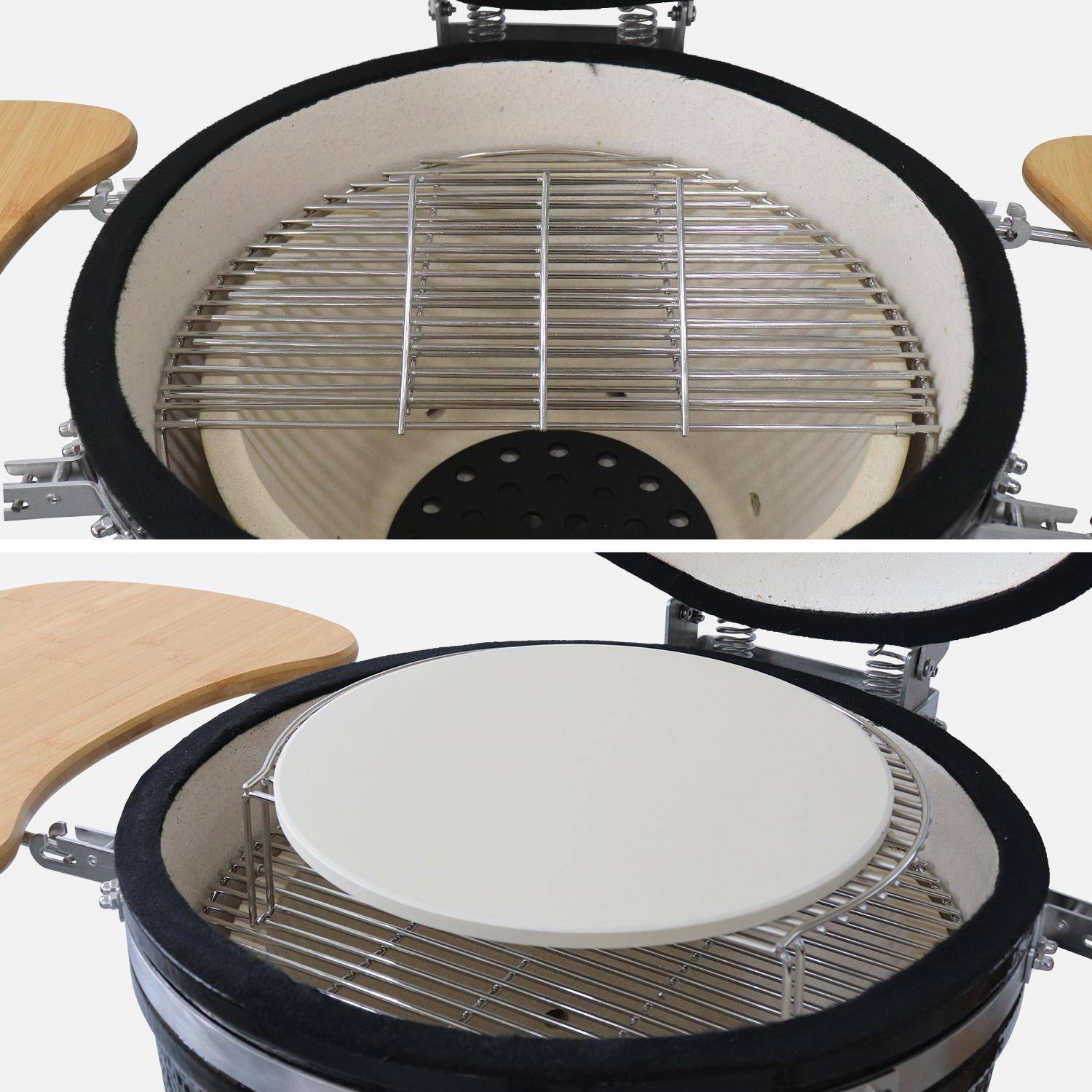 Keramische houtskoolbarbecue, Kamado Ø57cm, met houder,  warmhoudrooster, asbak en hoes, zijtafels Photo11