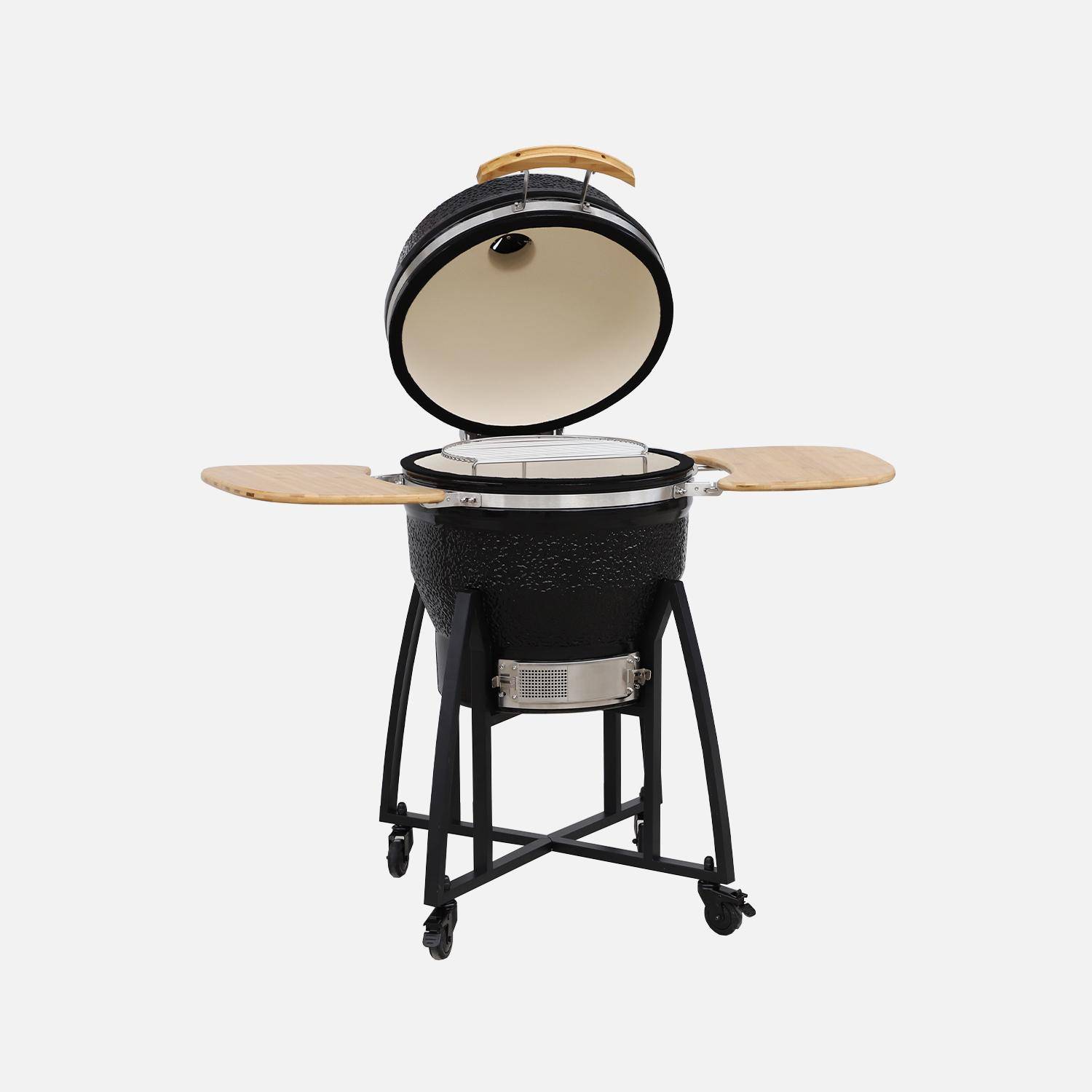 Keramische houtskoolbarbecue, Kamado Ø57cm, met houder,  warmhoudrooster, asbak en hoes, zijtafels Photo10