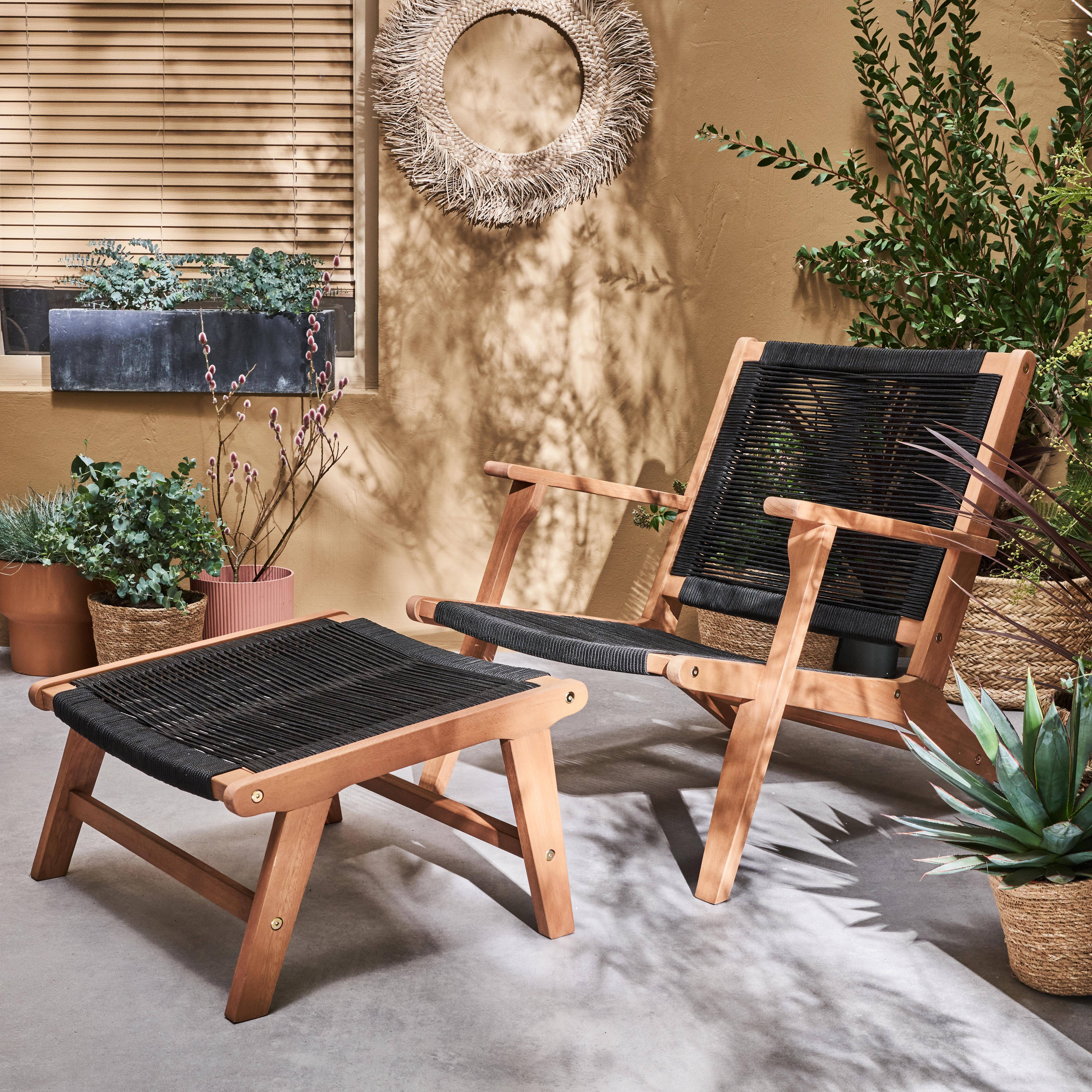 Relax stoel – CUZCO – FSC Eucalyptus , touw zwart, met voetenbank Photo1