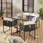 Table de jardin en résine 4 places – FIRENZE 4 – coloris noir, coussins blancs, table encastrable Photo1