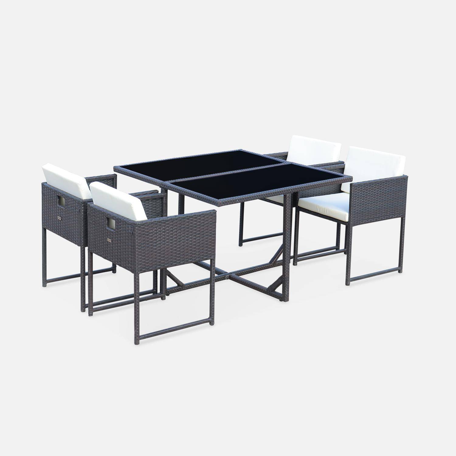 Table de jardin en résine 4 places – FIRENZE 4 – coloris marron, coussins blancs, table encastrable Photo2