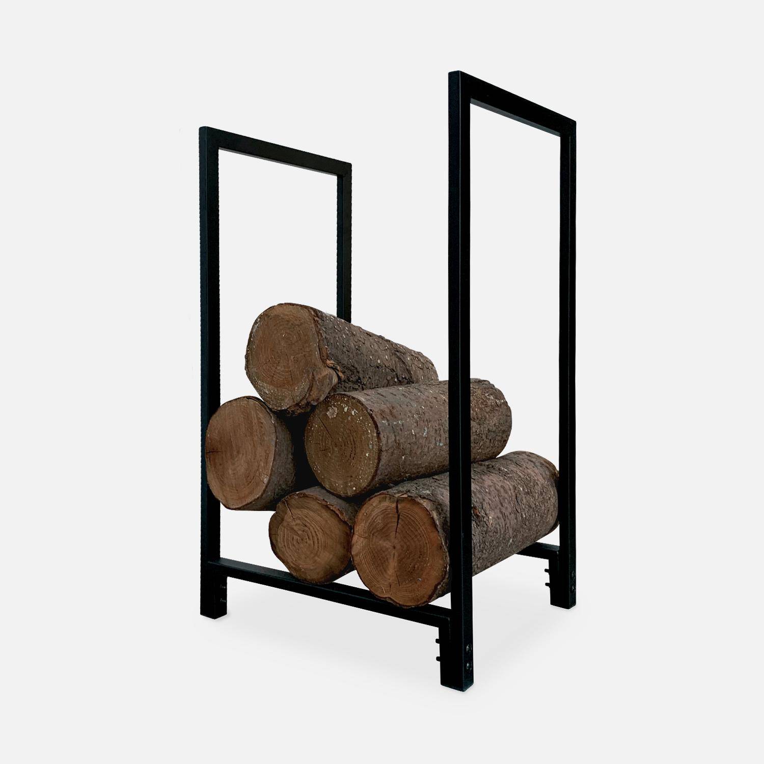Porta troncos, exterior/interior, acero, negro, 70cm, almacenamiento interior de troncos, accesorio para brasero o barbacoa, fácil montaje,sweeek,Photo1