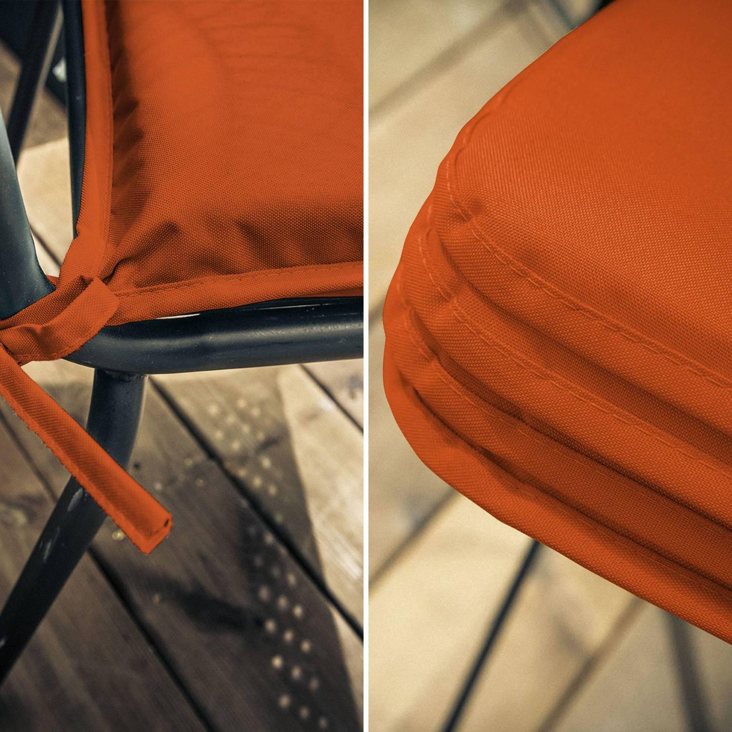 Set van 4 zitkussens voor stoel – 38 x 38 cm – Oranje, zitkussen met koordje voor bevestiging, met bies Photo3