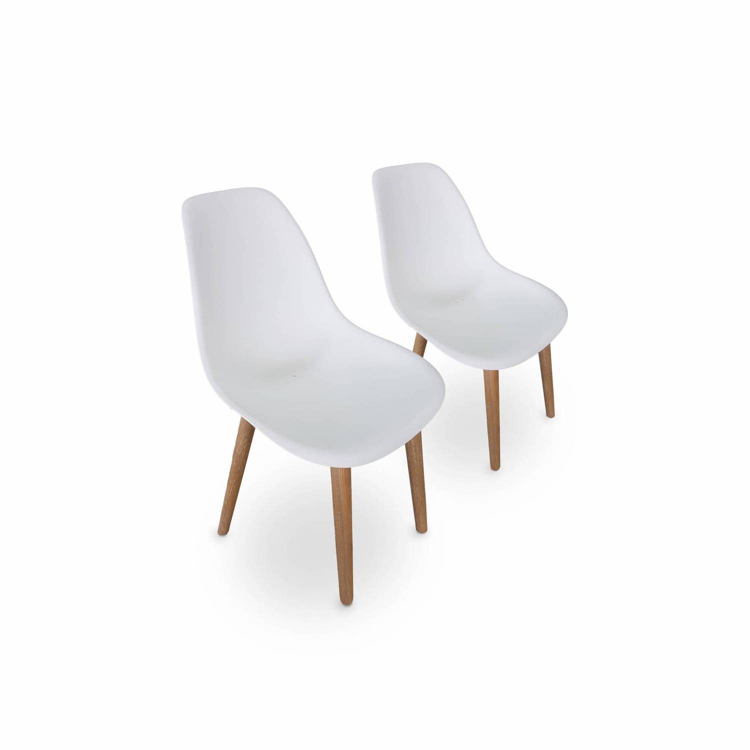 2er Set skandinavische Stühle Penida, aus Akazienholz und weißem Kunstharz gespritzt, innen/außen Photo1