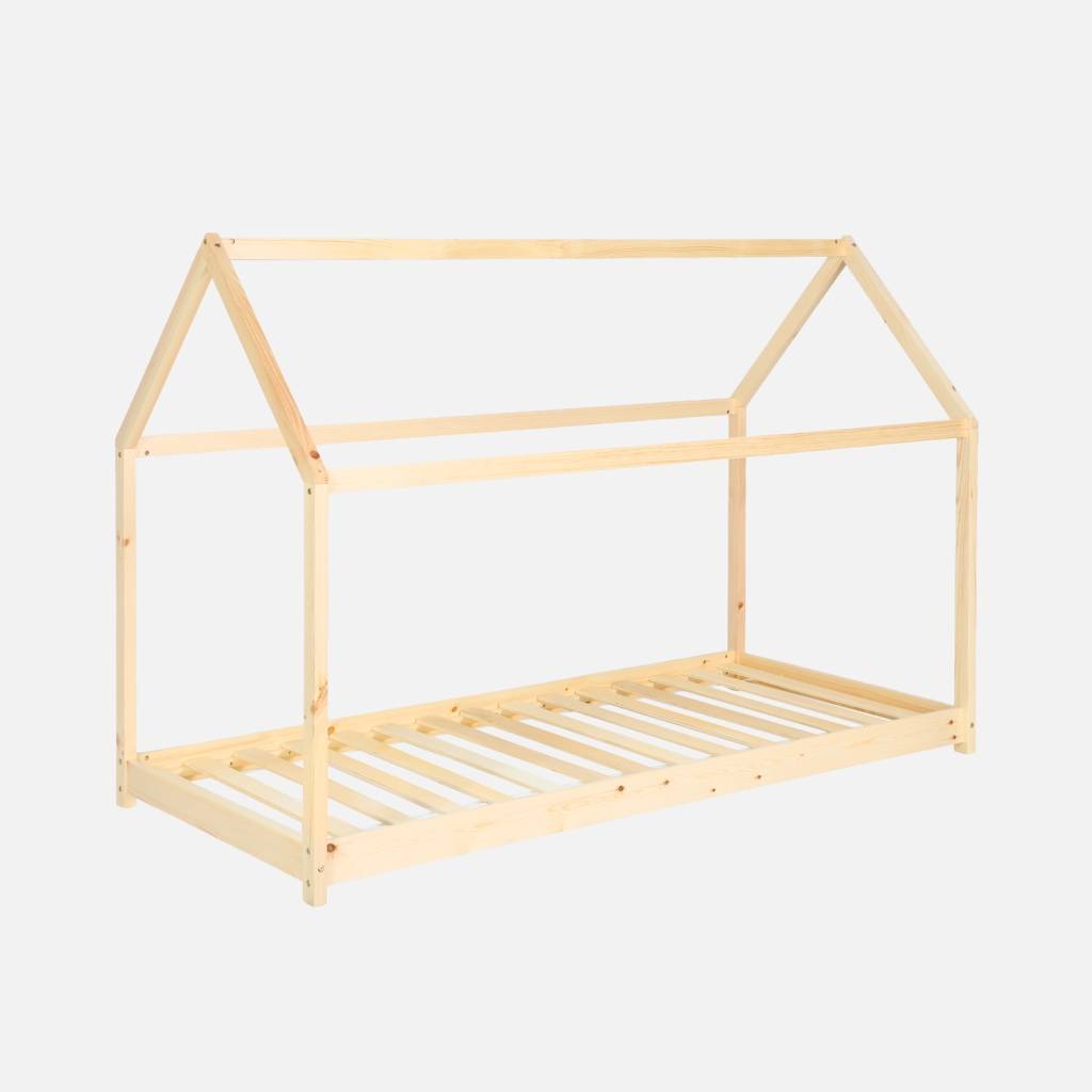 Kinderbed huis TOBIAS - Bedbodem inbegrepen - 90x190cm - Naturel