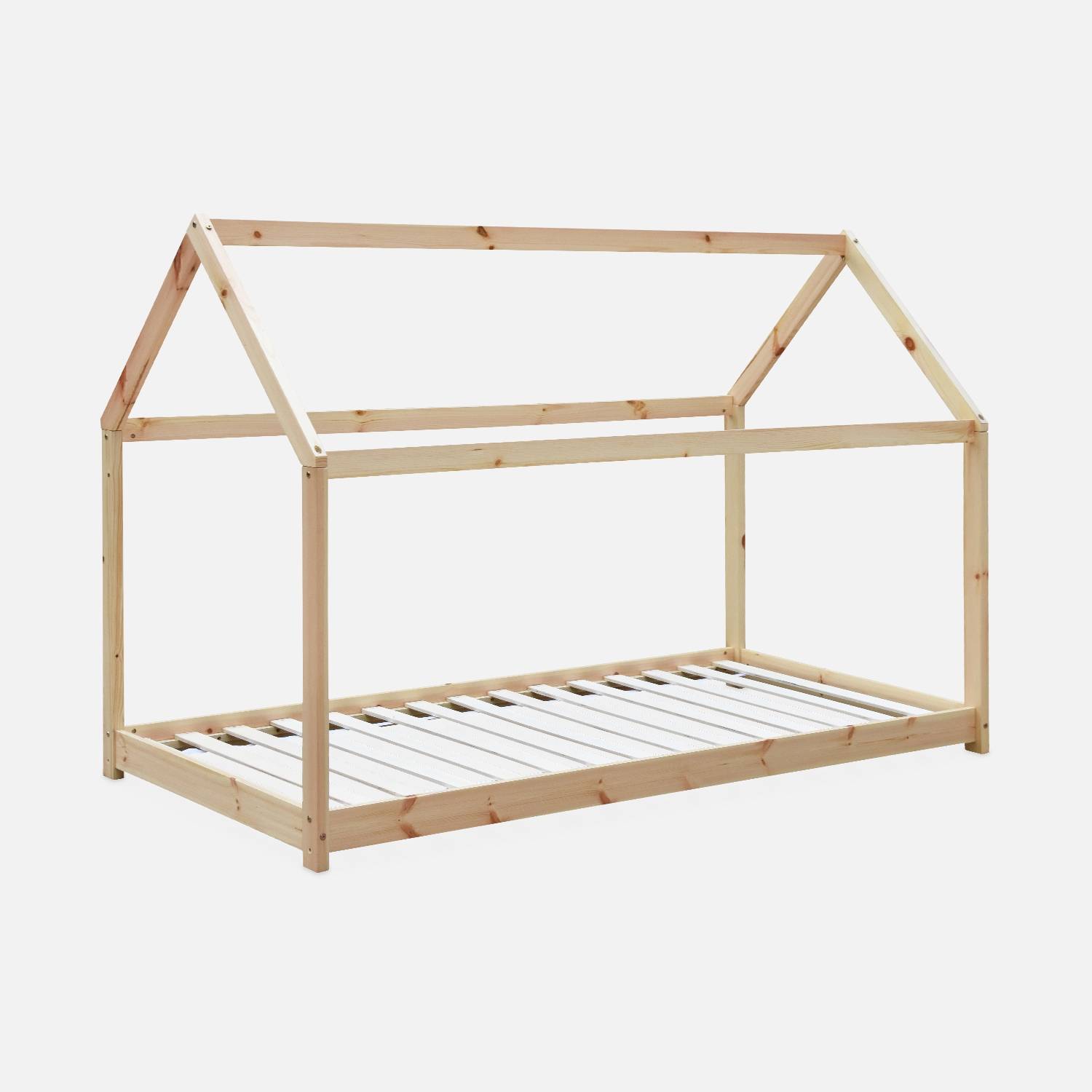 Kinderbed huis TOBIAS - Bedbodem inbegrepen - 90x190cm - Naturel