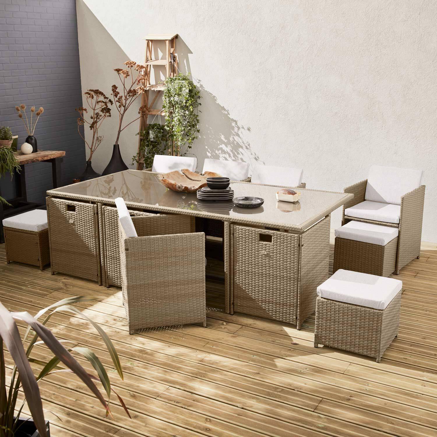 8 to 12-seater rattan cube table set - table, 8 armchairs, 4 footstools - Vabo 12 - Natural rattan, Beige cushions Photo1