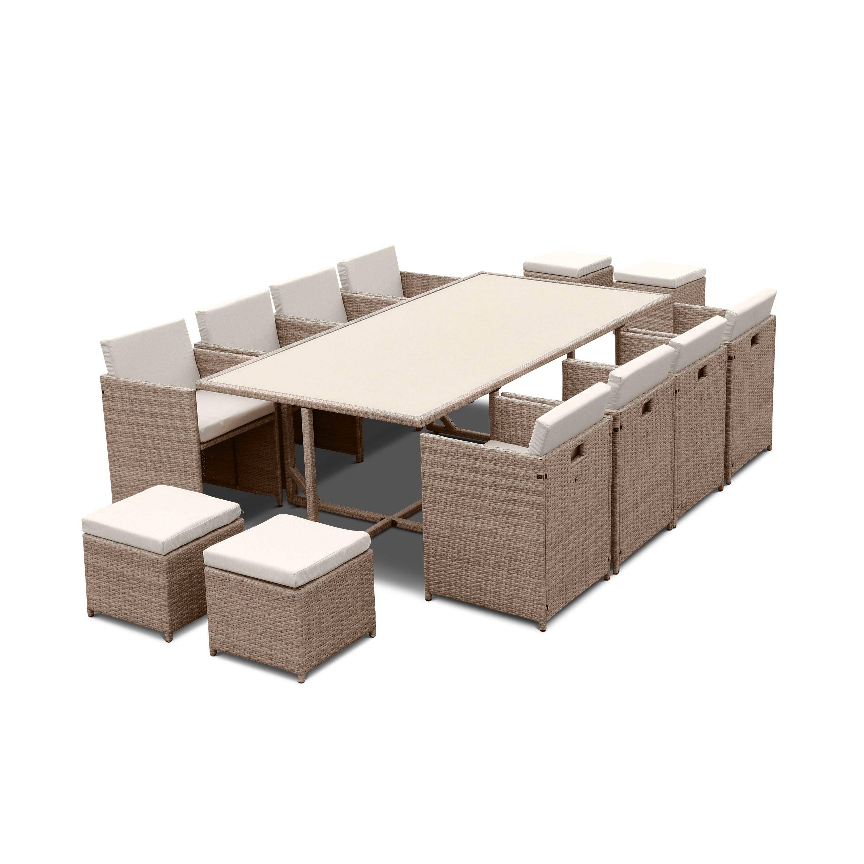8 to 12-seater rattan cube table set - table, 8 armchairs, 4 footstools - Vabo 12 - Natural rattan, Beige cushions Photo2