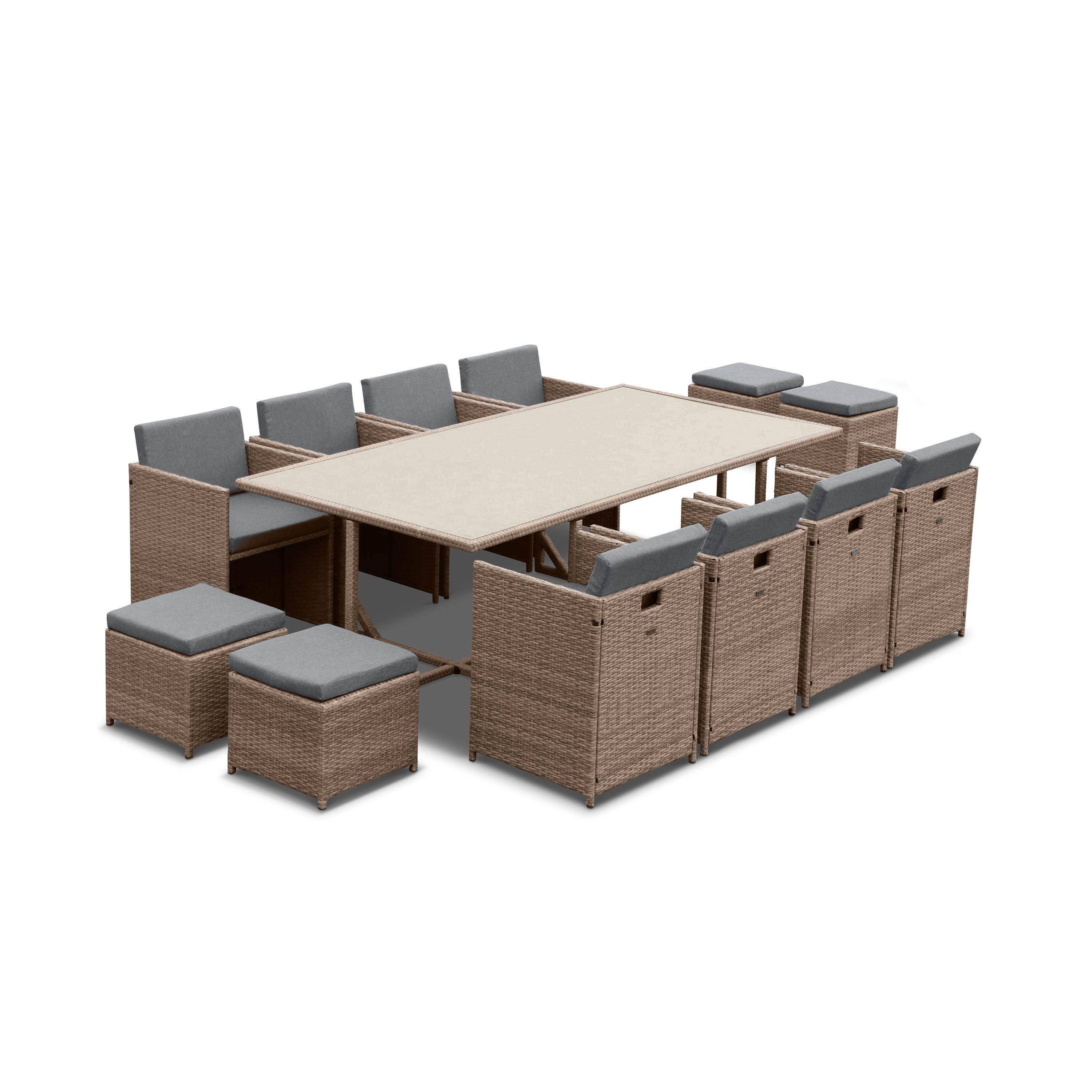 Salon de jardin 8-12 places – Vabo – Coloris Beige, Coussins Gris chiné, table encastrable Photo1