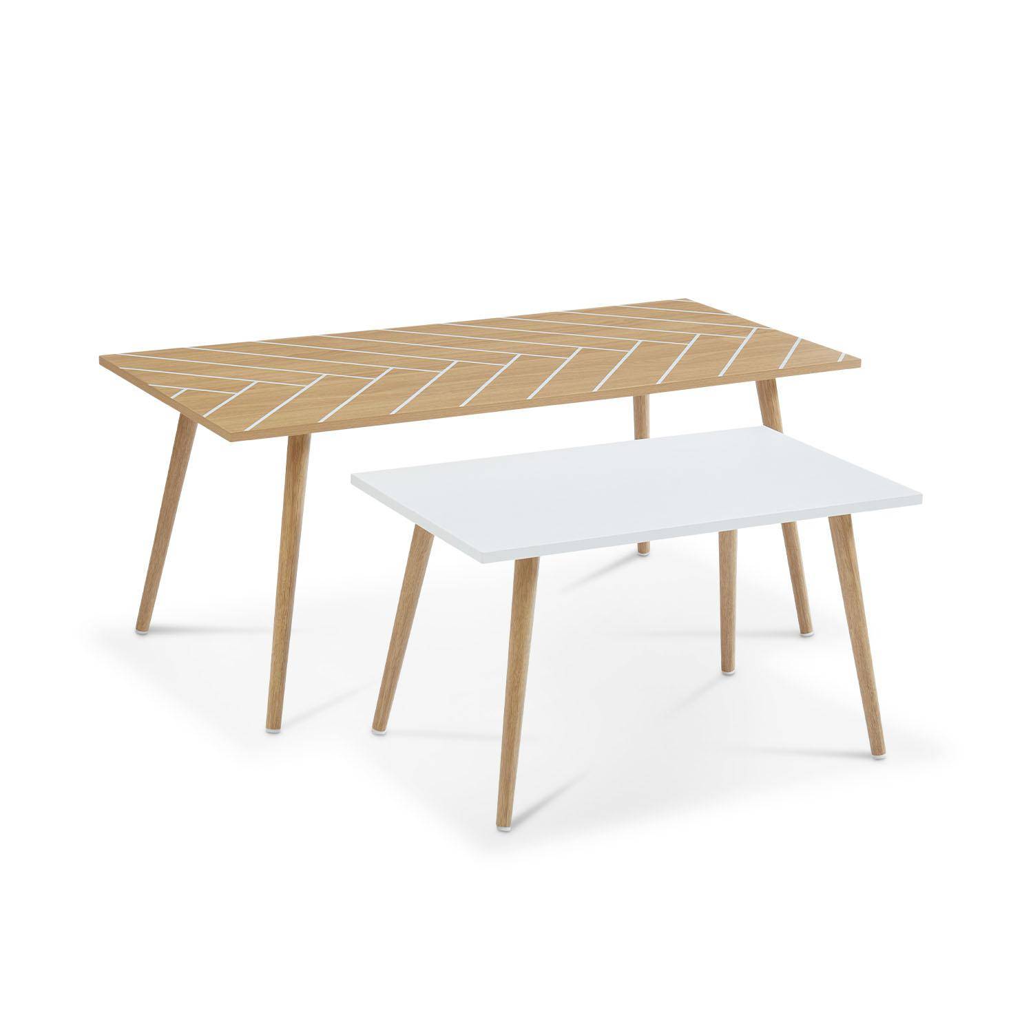 Set di 2 tavolini da caffè, colore naturale e bianco - 110x50x45,5cm e 70x40x39cm - Etnik - struttura in legno massello di eucalipto, design scandinavo,sweeek,Photo1