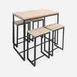 Set table haute rectangulaire LOFT avec 4 tabourets de bar, acier et décor bois, encastrable, design Photo3