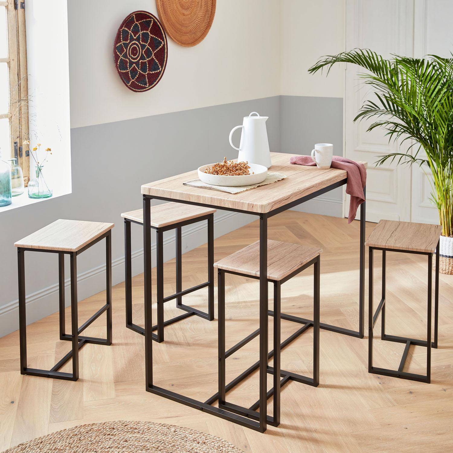 Conjunto mesa alta rectangular LOFT con 4 taburetes de barra, en acero e imitación madera, de diseño,sweeek,Photo1