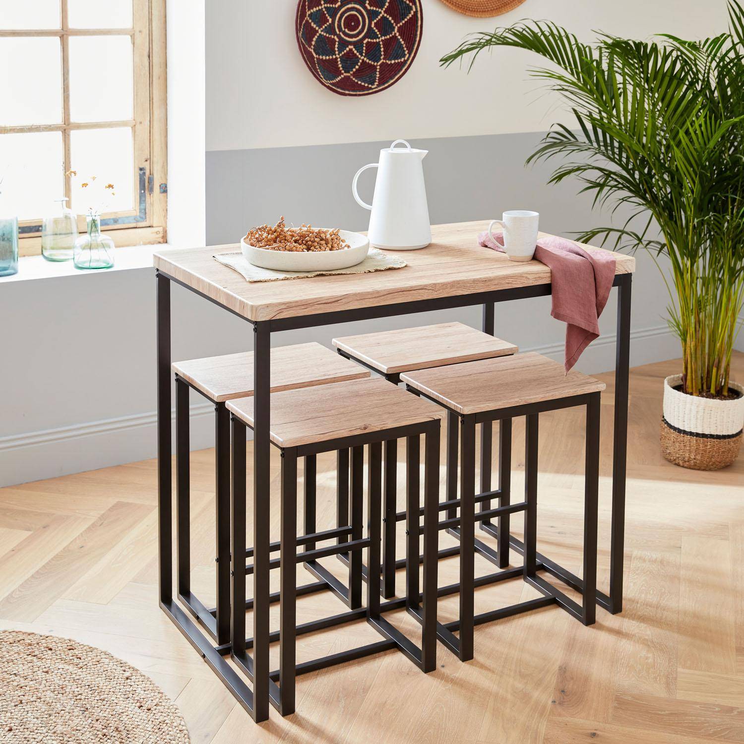 Industrial bar style table set with 4 stools, dining set 100x60x90cm - Loft - Black,sweeek,Photo2