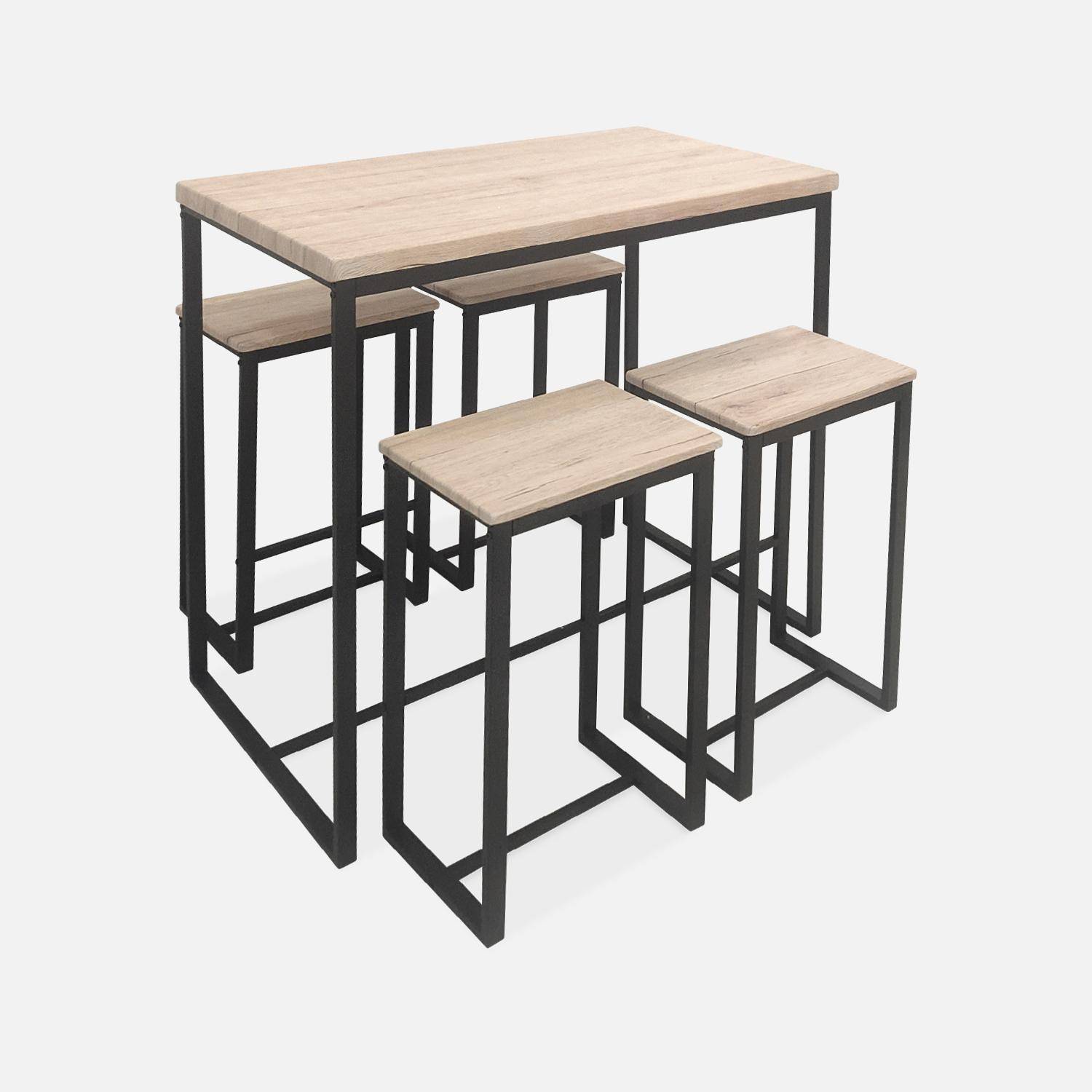Set table haute rectangulaire LOFT avec 4 tabourets de bar, acier et décor bois, encastrable, design,sweeek,Photo3
