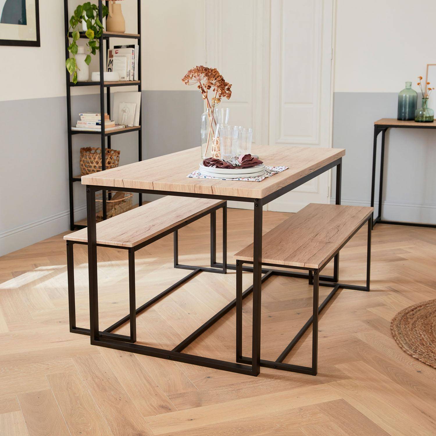 Set LOFT table rectangulaire en acier marron mat L140x l80 x H75cm, 2 bancs de L120x l35x H46cm, 4 places Photo1