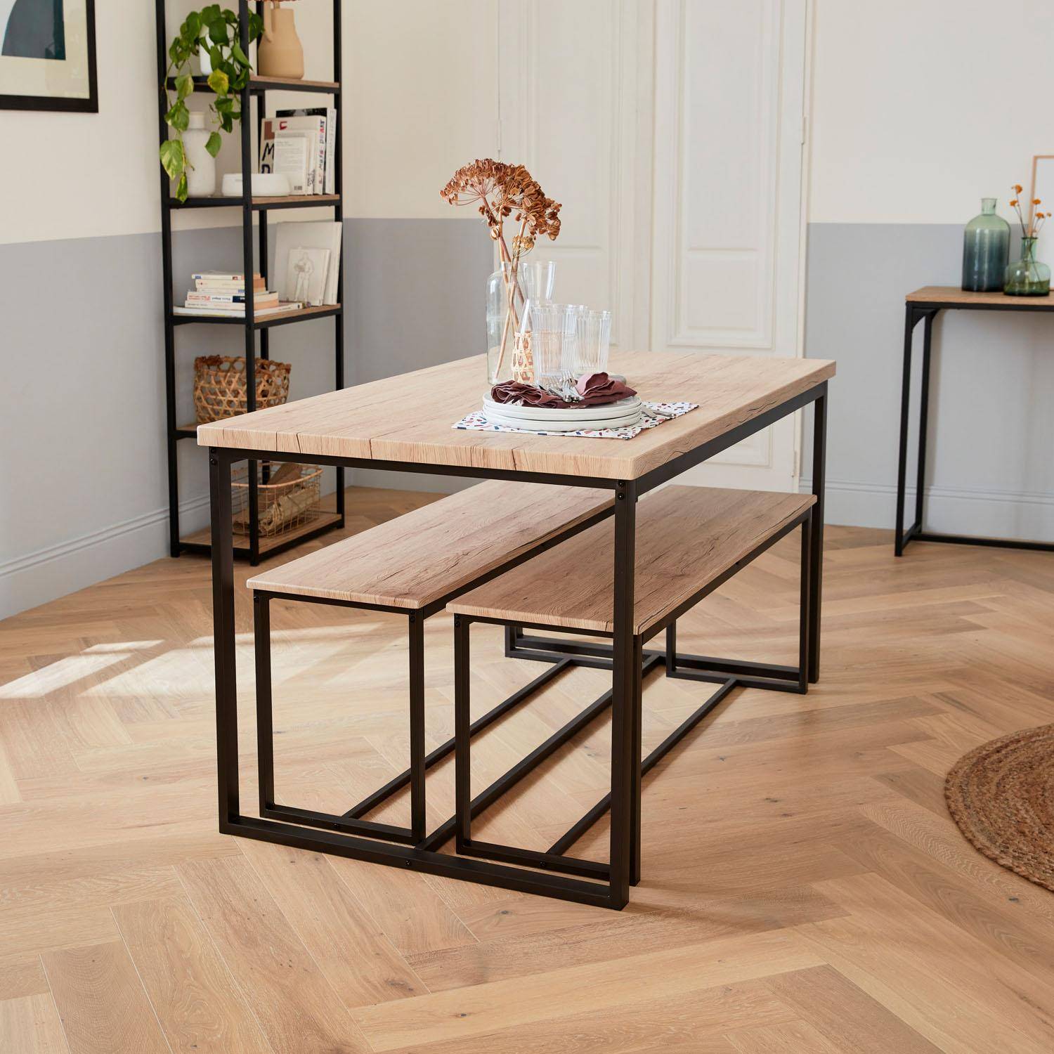 Set LOFT table rectangulaire en acier marron mat L140x l80 x H75cm, 2 bancs de L120x l35x H46cm, 4 places Photo2