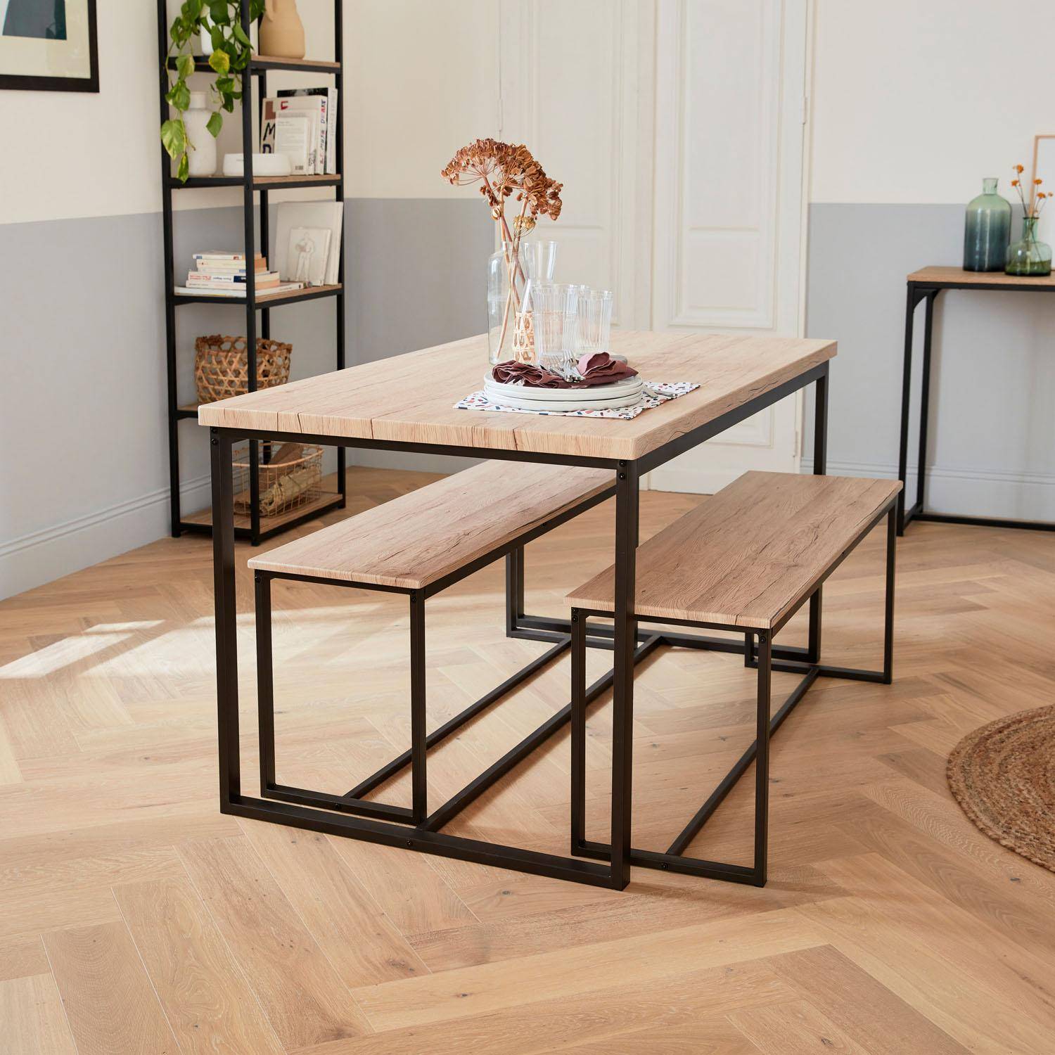 Set LOFT table rectangulaire en acier marron mat L140x l80 x H75cm, 2 bancs de L120x l35x H46cm, 4 places,sweeek,Photo3