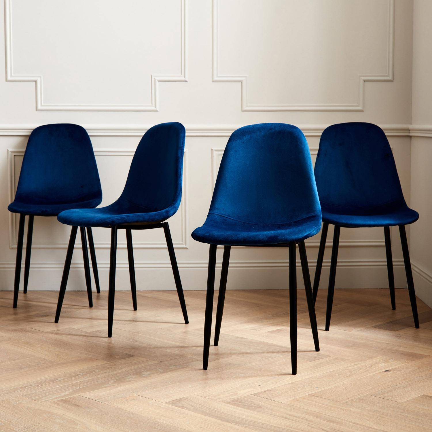 Lot de 4 chaises – Bombay – chaises en velours, pieds en métal, vintage, confortable, design, piétement en acier, L44x P53 x H88cmn bleues Photo1