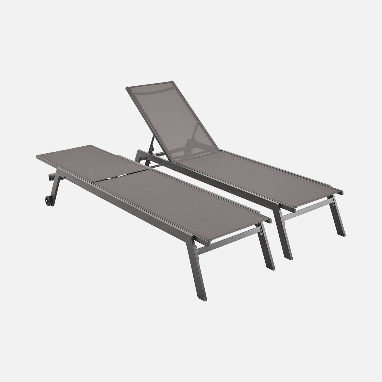 ELSA - Set van 2 ligstoelen van aluminium en textileen, ligbed multipositioneel met wieltjes, kleur antraciet/donkergrijs | sweeek
