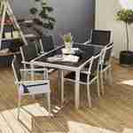 Conjunto de mobiliário de jardim em alumínio e textilene - Capua - Cinzento, preto - 6 lugares - 1 mesa retangular grande, 6 cadeirões empilháveis Photo1