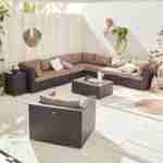 Ready assembled 10-seater polyrattan corner garden sofa set - sofa, armchair, coffee table - Venezia - Brown rattan, Chocolate cushions Photo1