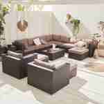 Ready assembled 14-seater premium polyrattan corner garden sofa set - sofa, armchair, coffee table - Tripoli - Chocolate rattan, Brown cushions Photo1