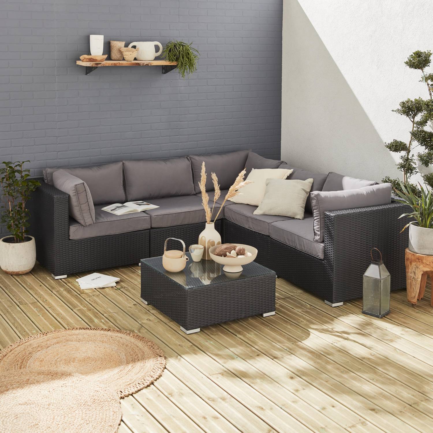 Gartengarnitur aus Kunststoffrattan - Napoli - Schwarz, graue Kissen - 5 Plätze - 2 Sessel ohne Armlehnen, 3 Ecksessel, ein Couchtisch Photo1