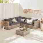 Salotto da giardino in resina intrecciata - modello: Napoli - di colore Grigio, cuscini Grigio chiné - 5 posti - 2 poltrone senza braccioli, 3 poltrone angolari, un tavolino basso Photo2