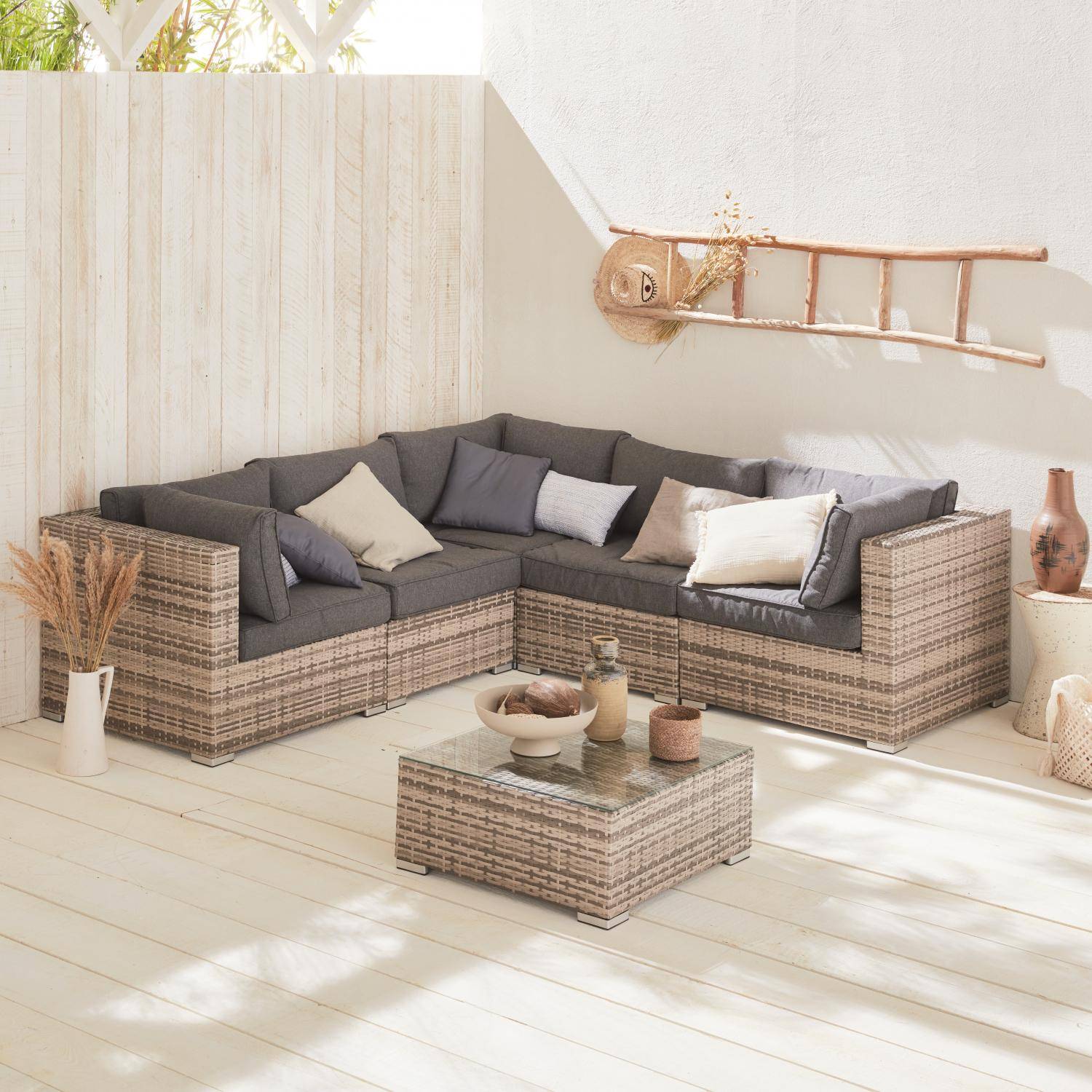 Conjunto de jardín de resina tejida, 5 plazas Varios tonos de grises - 234x82x67 cm,sweeek,Photo2